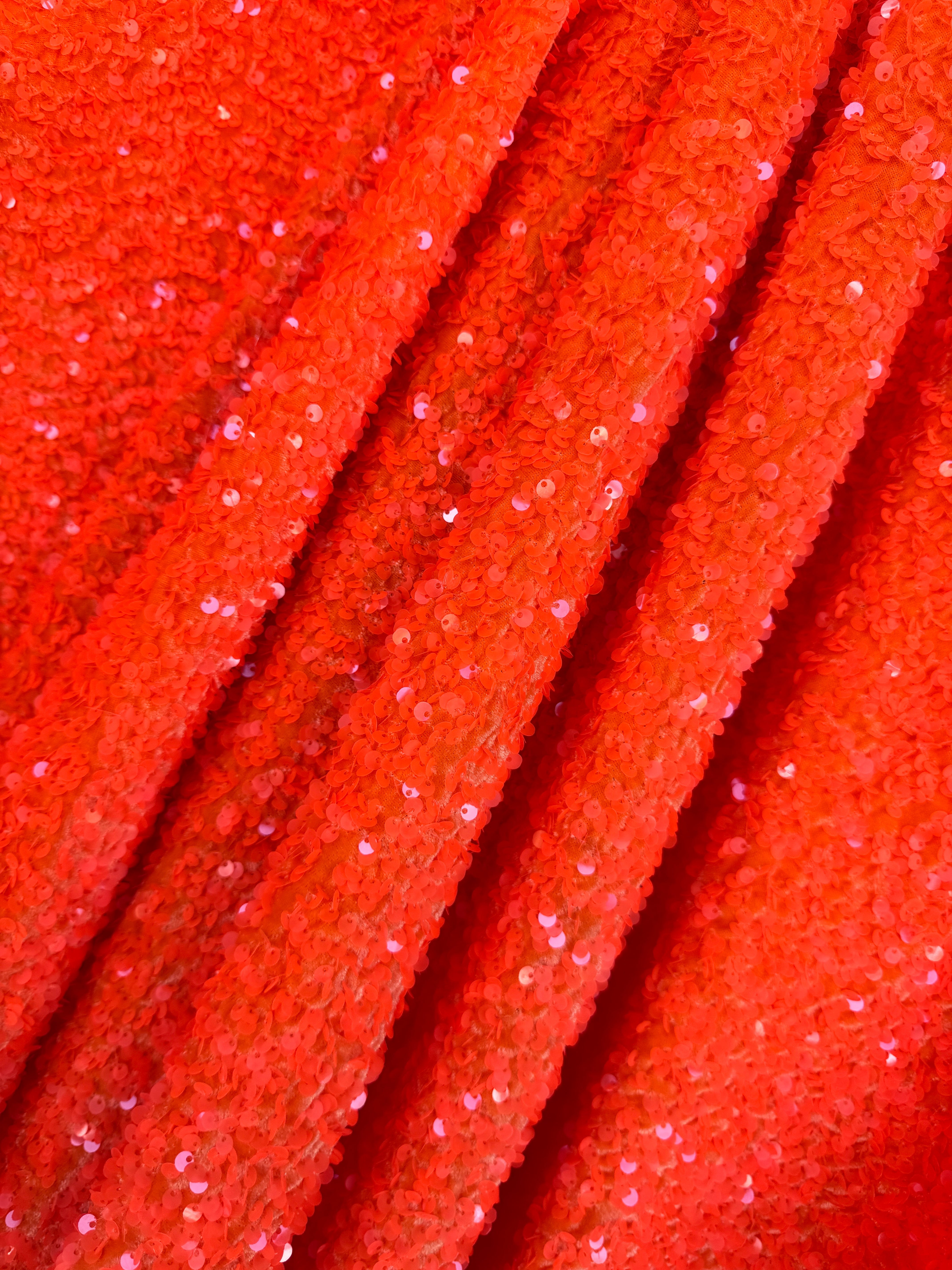 Neon Orange Sequin on Velvet, online textile store, sewing, fabric store, sewing store, cheap fabric store, kiki textiles
