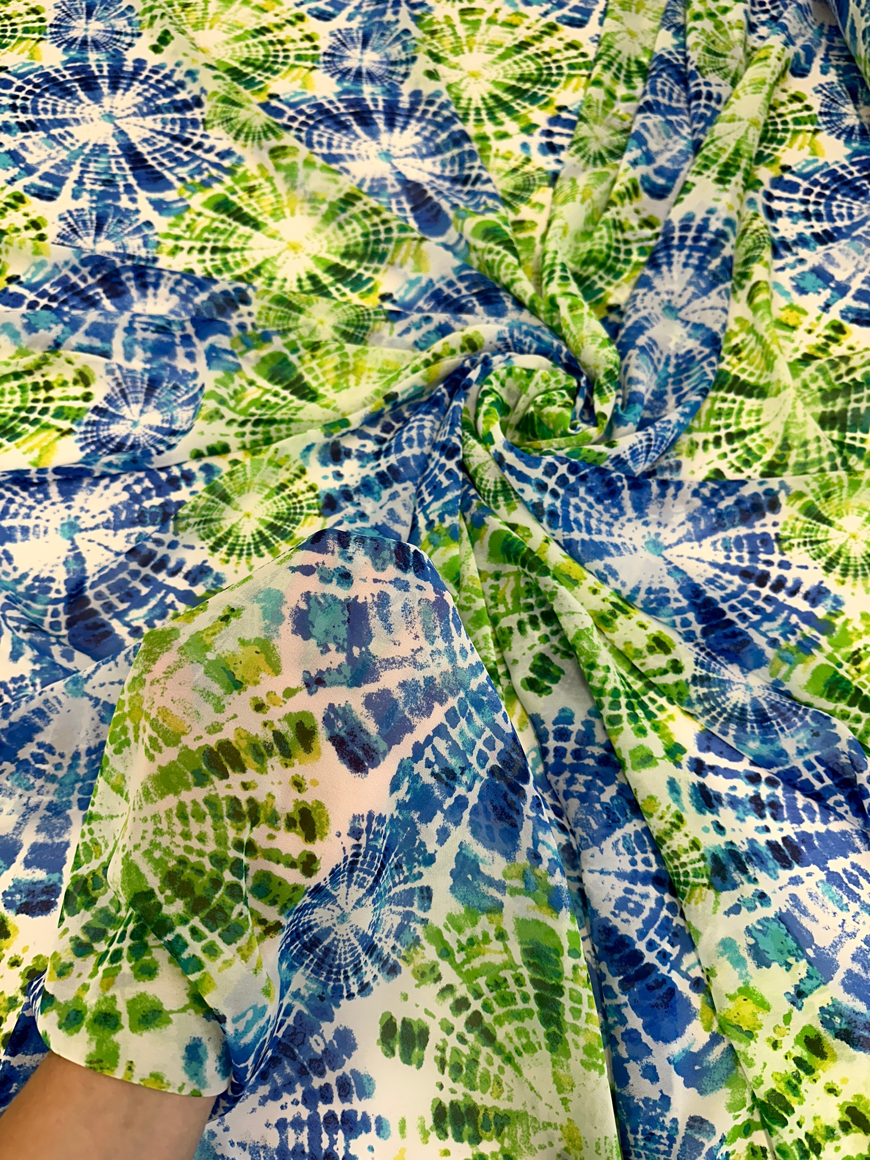 Tie Dye Blue Green Hi Multi Chiffon, Blue Green chiffon, Blue Green organza, crystal chiffon, Crystal chiffon for woman, chiffon for bride, premium chiffon, chiffon in low price, chiffon for party wear, chiffon for gown