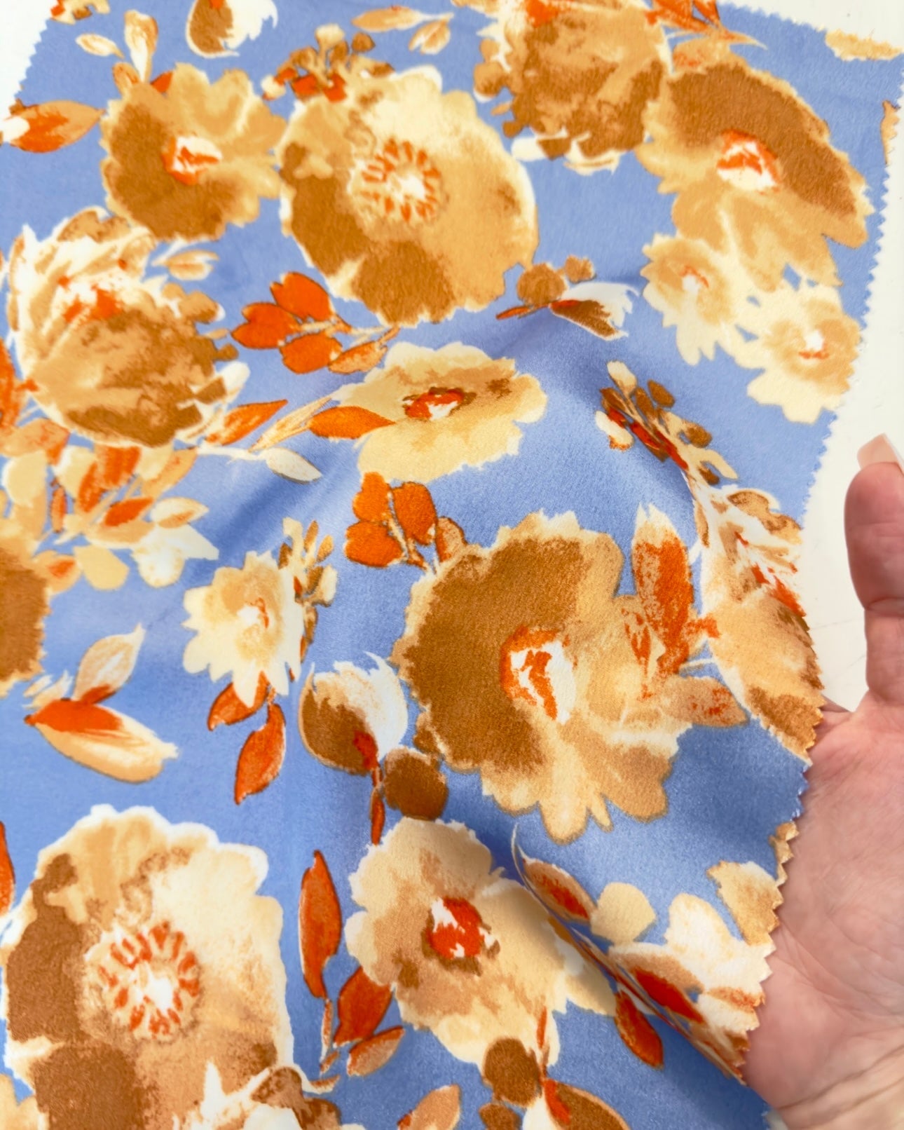 Gold/Baby Blue Floral Print Satin, floral print satin, printed satin, baby blue print satin, gold satin, blue satin