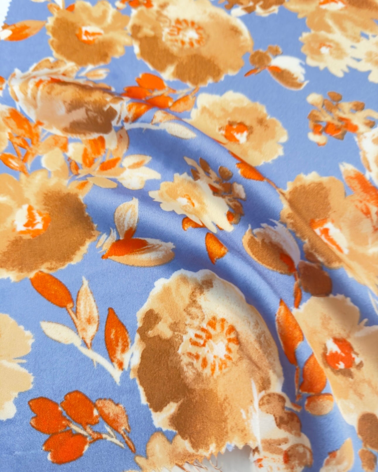 Gold/Baby Blue Floral Print Satin, floral print satin, printed satin, baby blue print satin, gold satin, blue satin