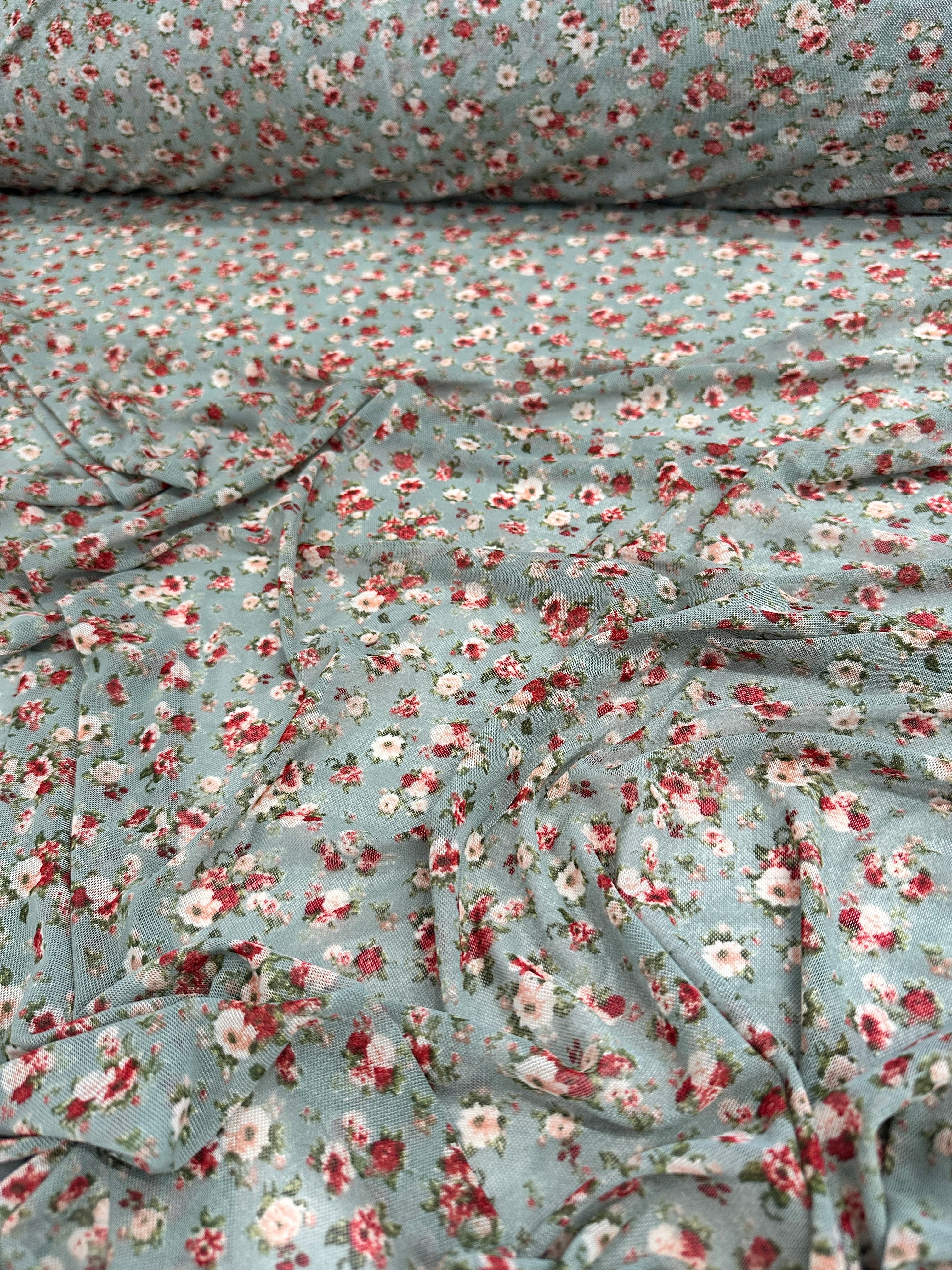 Sage Mini Flowers Print Power Mesh, online textile store, sewing, fabric store, sewing store, cheap fabric store, kiki textiles
