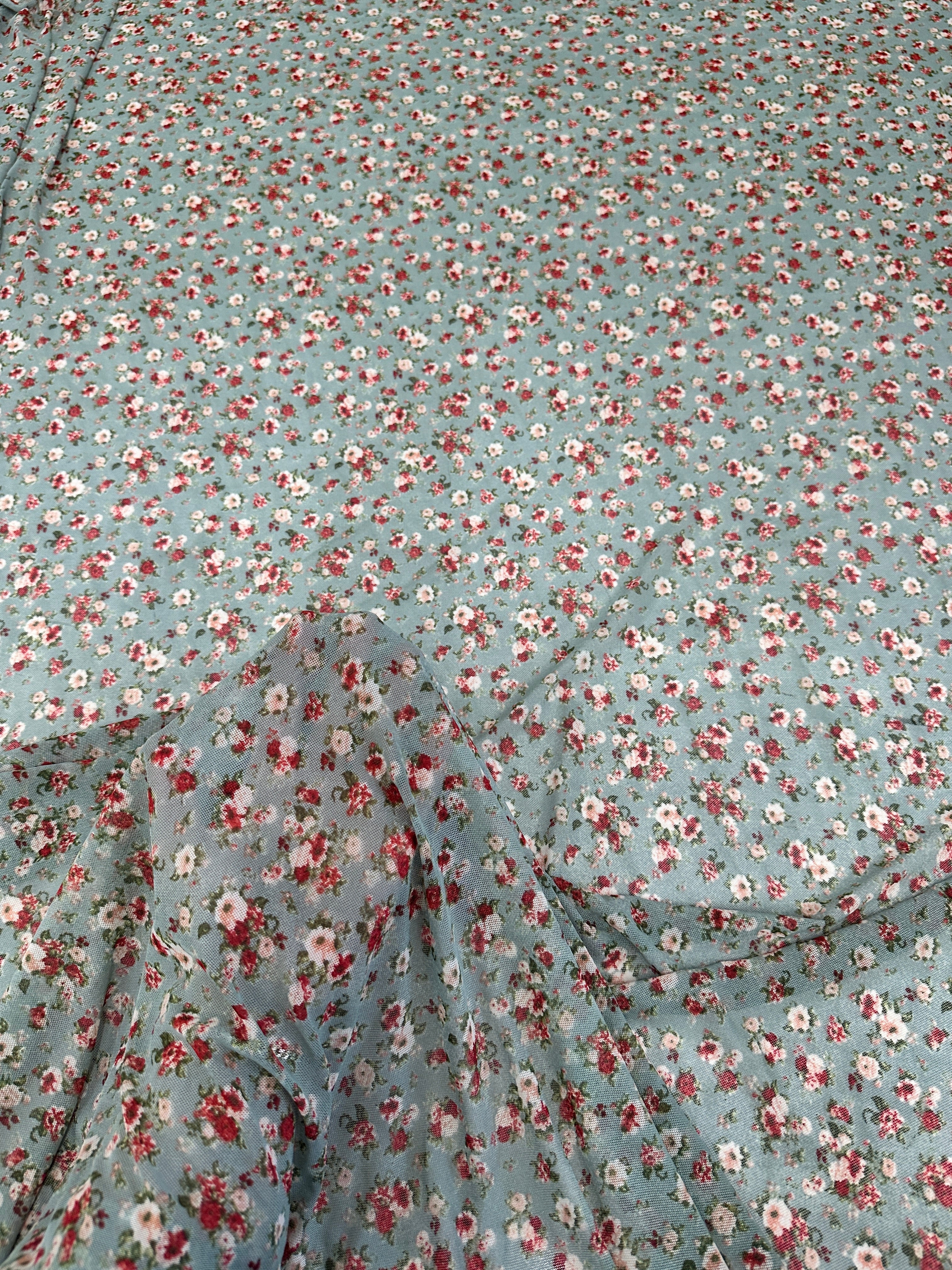 Sage Mini Flowers Print Power Mesh, online textile store, sewing, fabric store, sewing store, cheap fabric store, kiki textiles