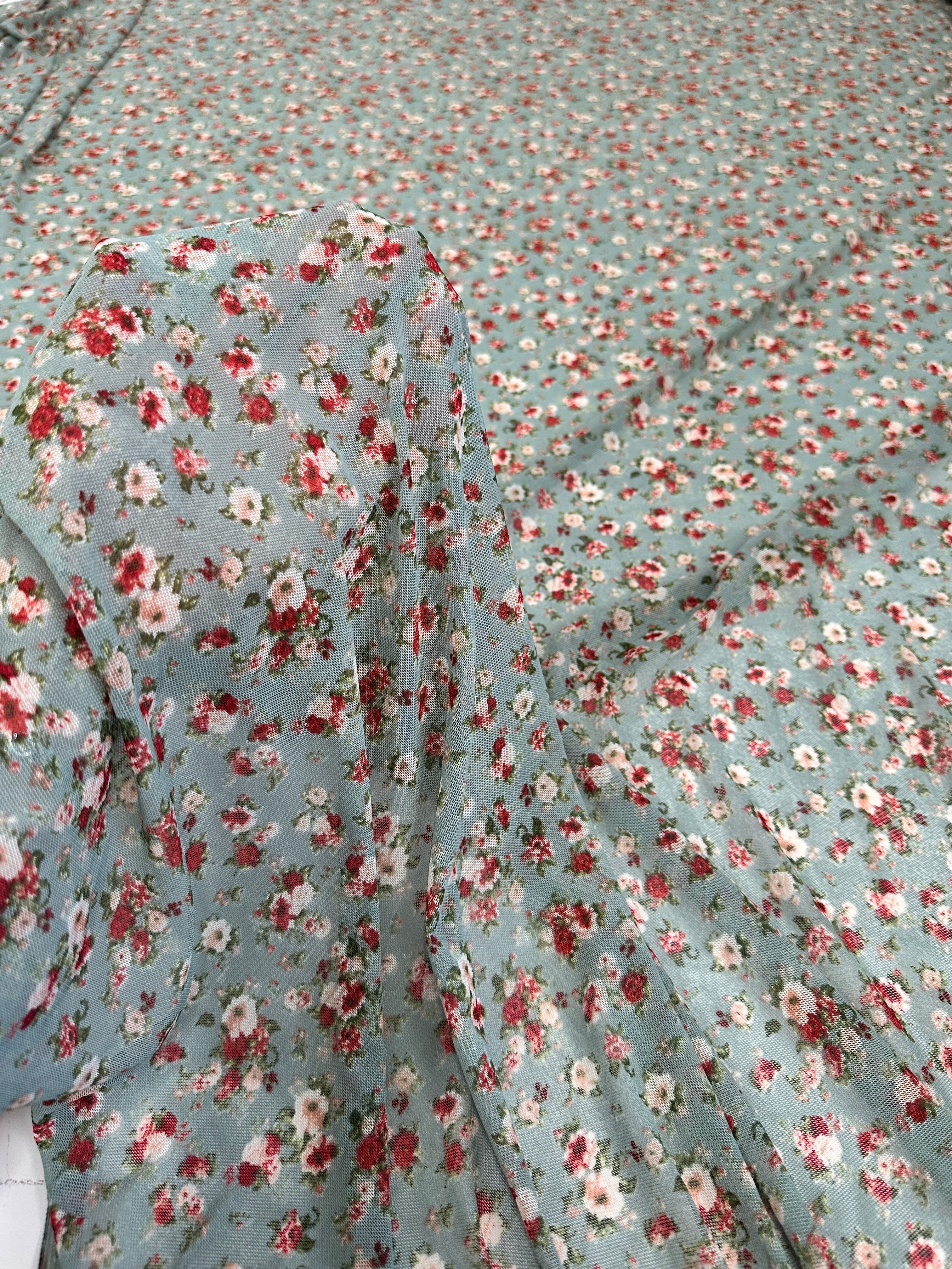 Sage Mini Flowers Print Power Mesh, online textile store, sewing, fabric store, sewing store, cheap fabric store, kiki textiles
