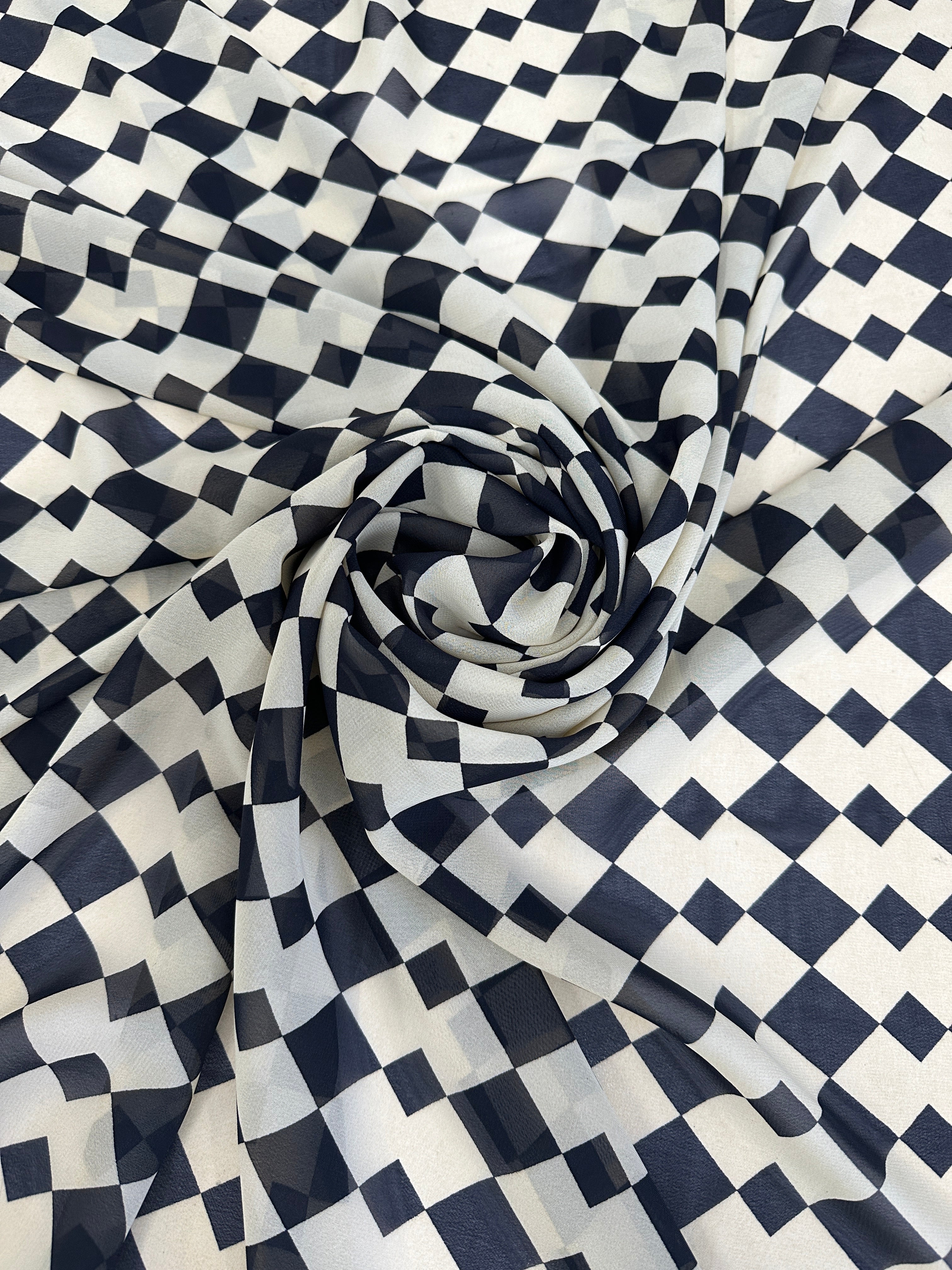 Ivory Black Checkers Viscose Chiffon, chiffon for woman, chiffon for bride, premium chiffon, chiffon in low price, chiffon for party wear, chiffon for gown