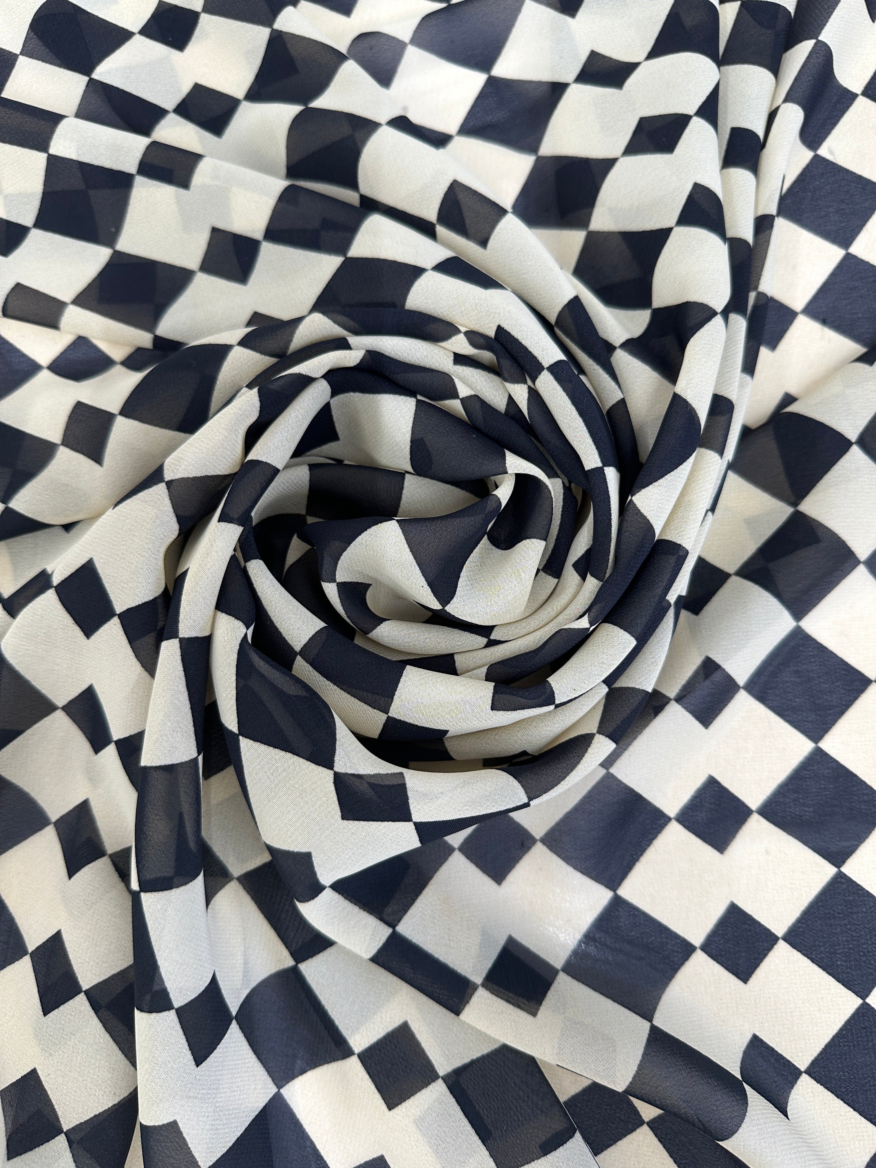 Ivory Black Checkers Viscose Chiffon, online textile store, sewing, fabric store, sewing store, cheap fabric store, kiki textiles