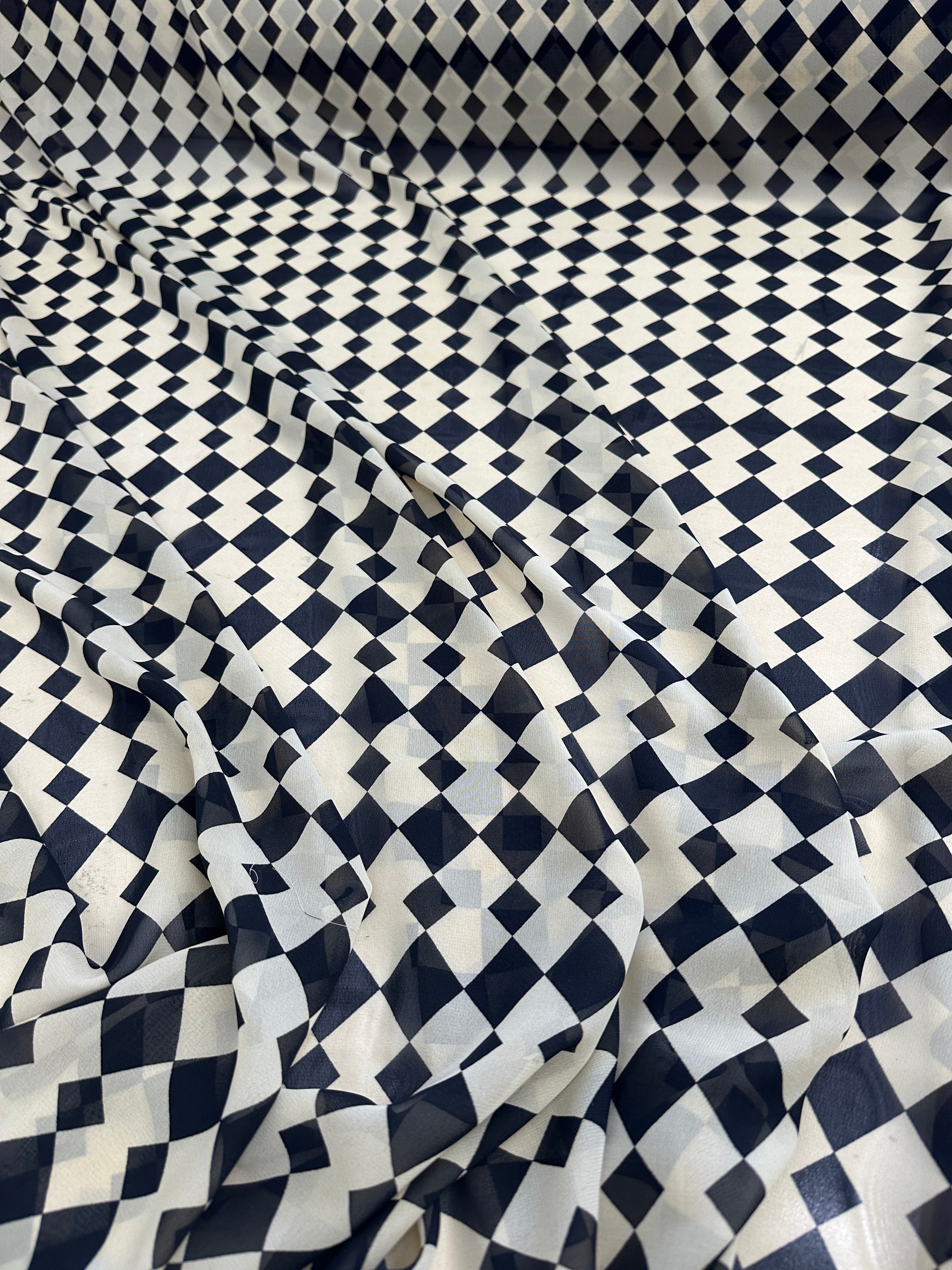 Ivory Black Checkers Viscose Chiffon, online textile store, sewing, fabric store, sewing store, cheap fabric store, kiki textiles