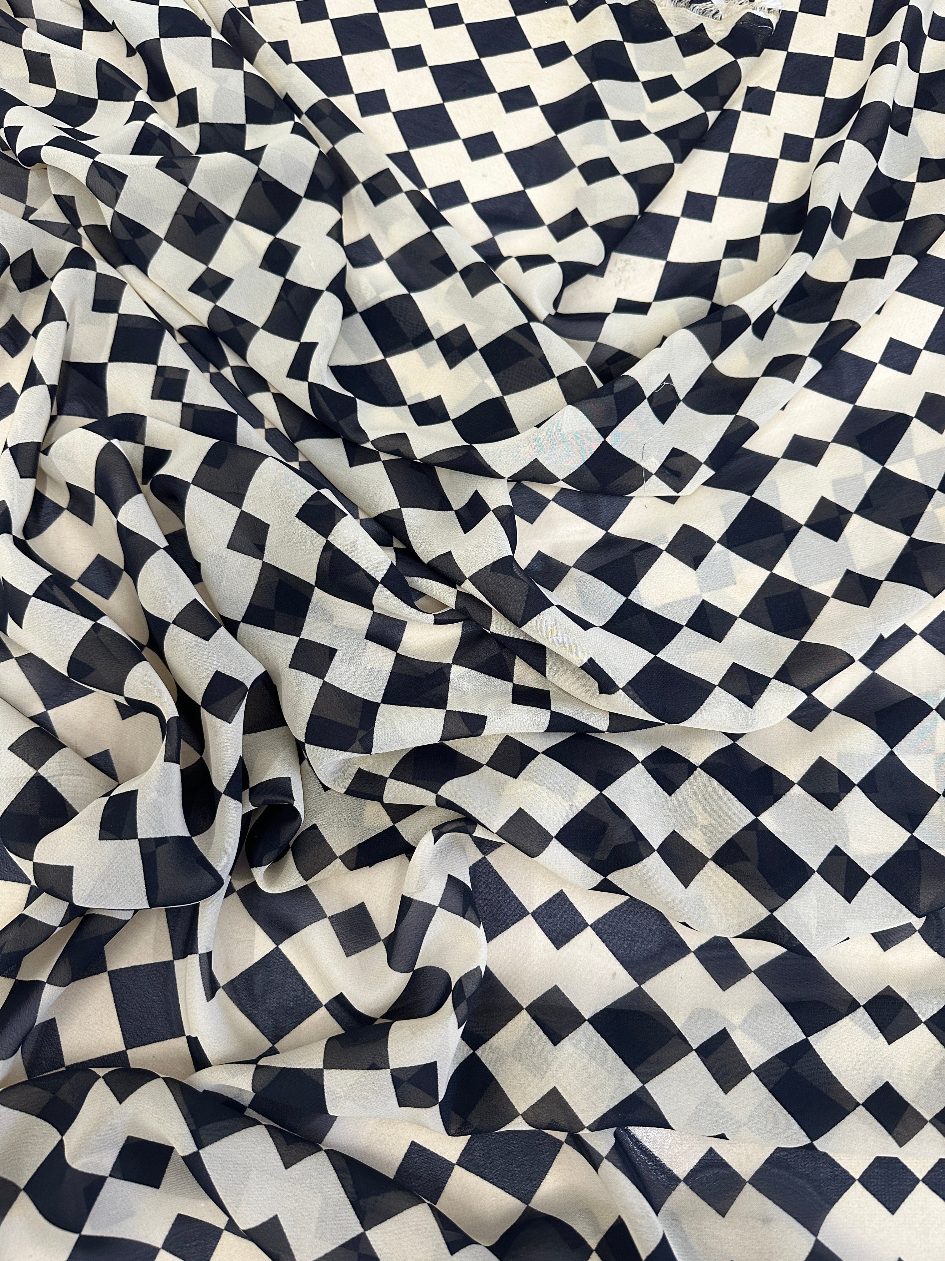Ivory Black Checkers Viscose Chiffon, chiffon for woman, chiffon for bride, premium chiffon, chiffon in low price, chiffon for party wear, chiffon for gown