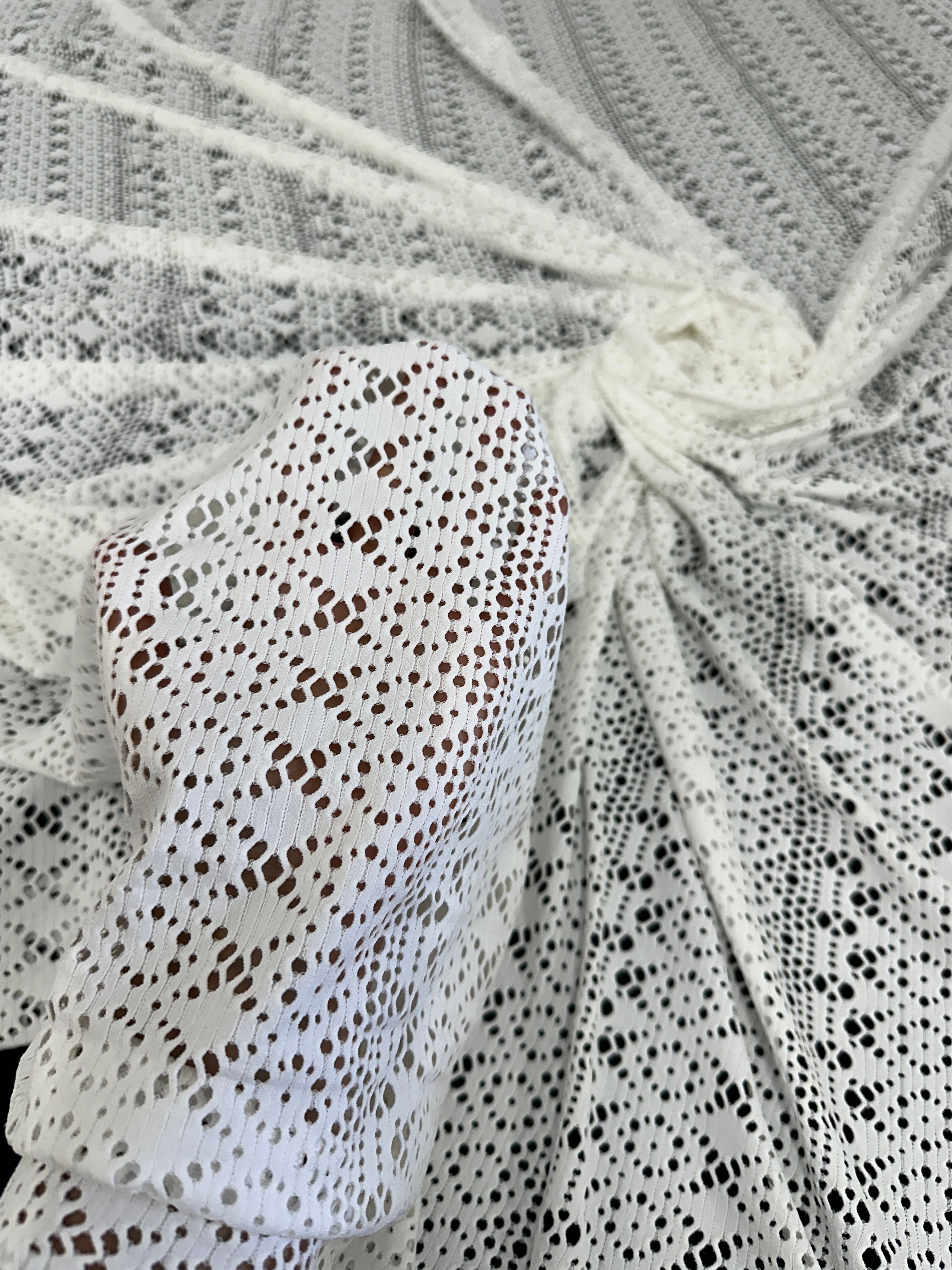 White Crochet Geometric Hollow Out Knit, White knit, White printed knit, printed knit for woman, premium knit, knit in low price, knit on sale, knit on discount, knit for dresses