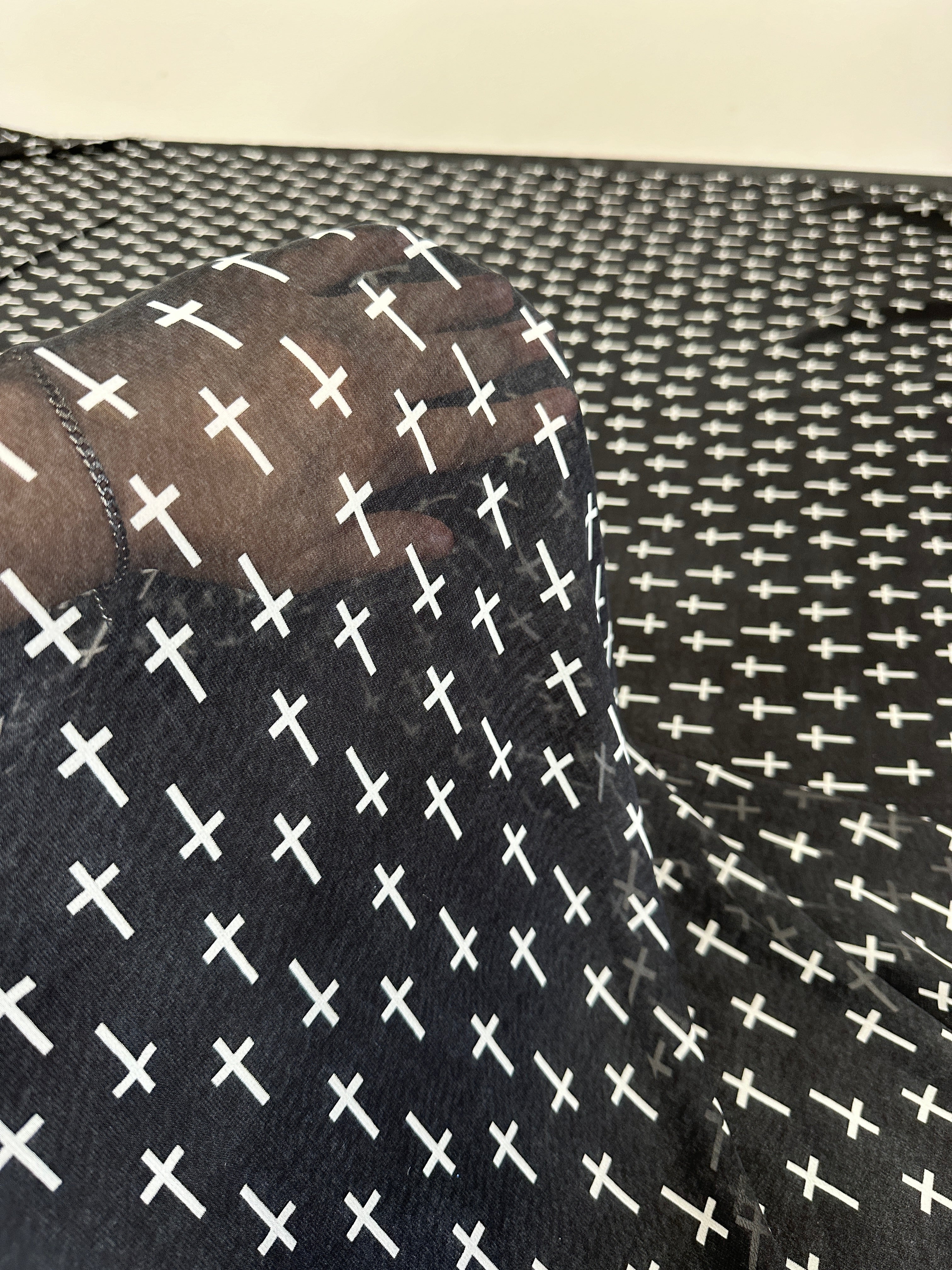 Black and White Cross Print Chiffon, online textile store, sewing, fabric store, sewing store, cheap fabric store, kiki textiles