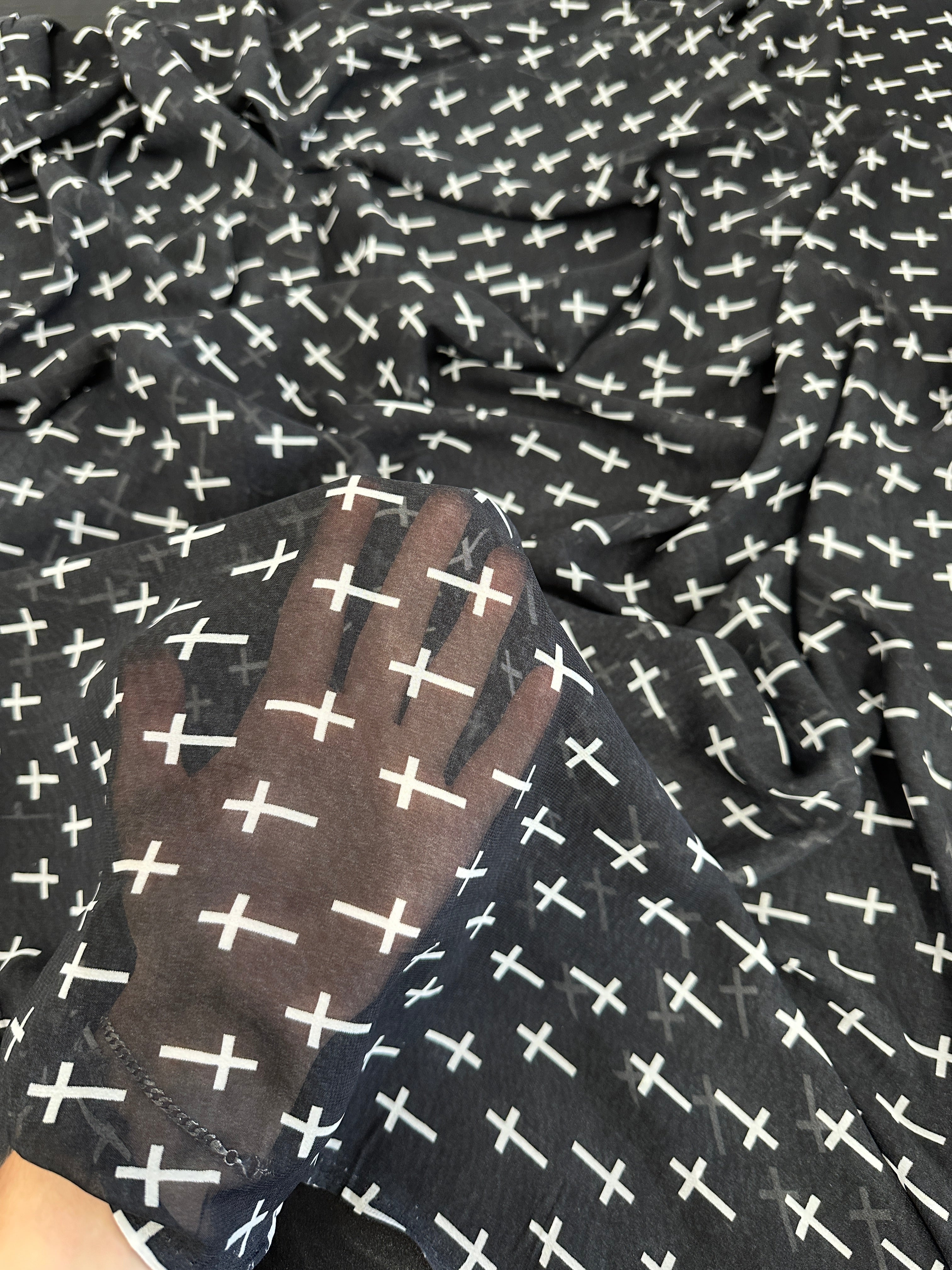 Black and White Cross Print Chiffon, online textile store, sewing, fabric store, sewing store, cheap fabric store, kiki textiles