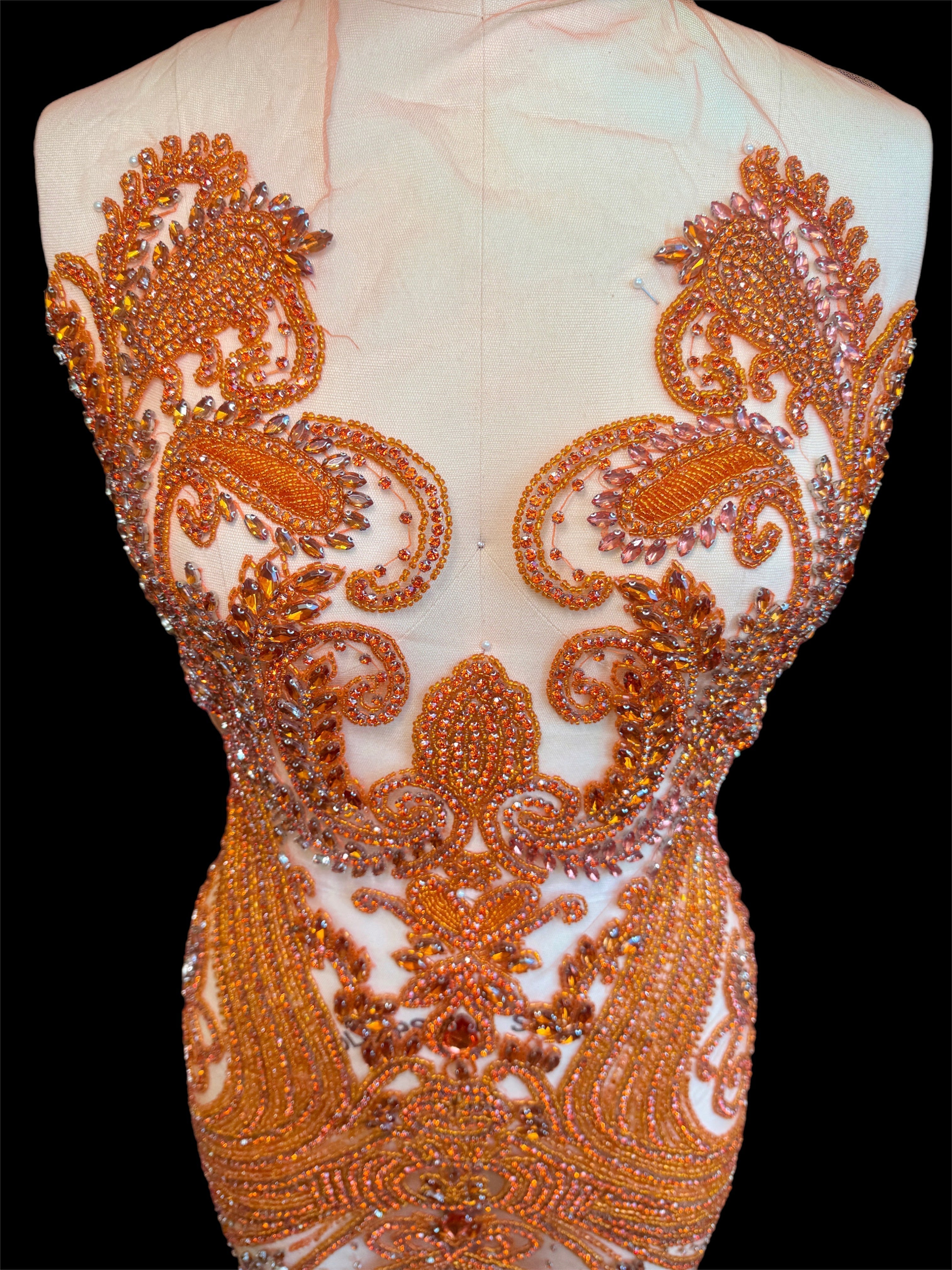 Deborah Orange Rhinestones Bodice Applique, orange rhinestone, light orange rhinestone, dark orange rhinestone