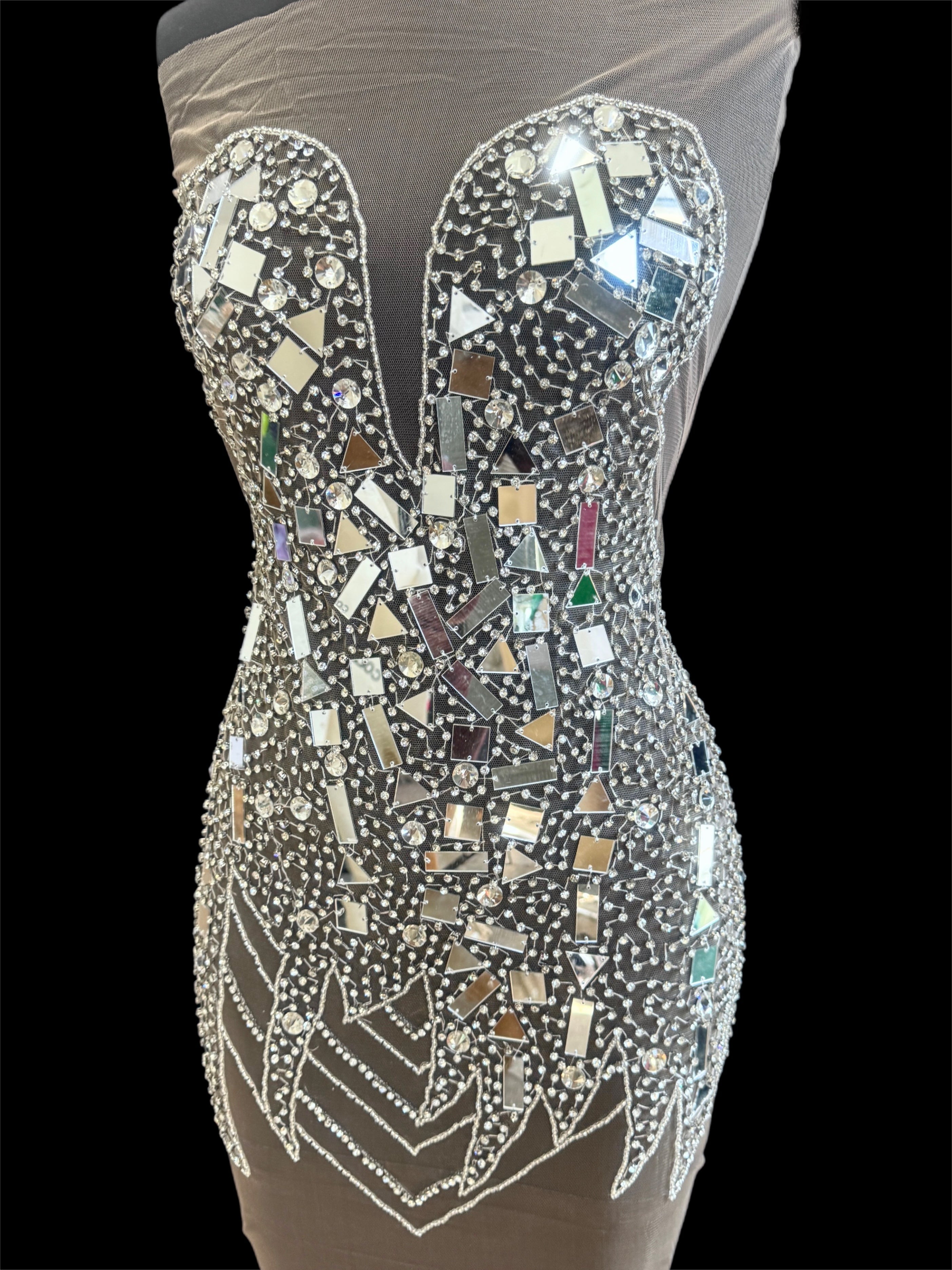 Anne Silver Mirror Rhinestone Bodice Applique, silver rhinestone, light silver rhinestone, dark silver rhinestone