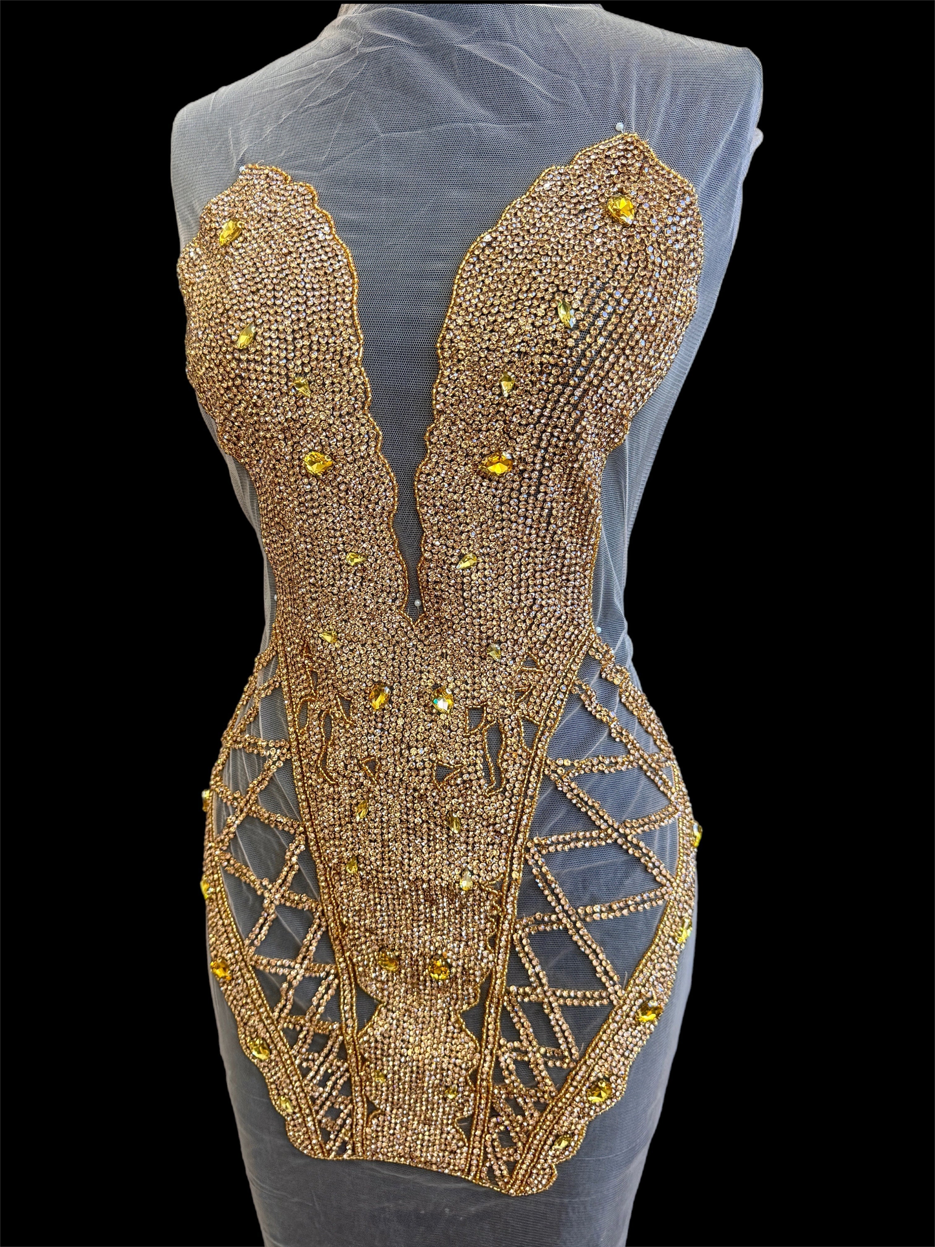 Shannon Gold Rhinestones Bodice Applique, gold rhinestone, light gold rhinestone, dark gold rhinestone, gold rhinestone bodice applique