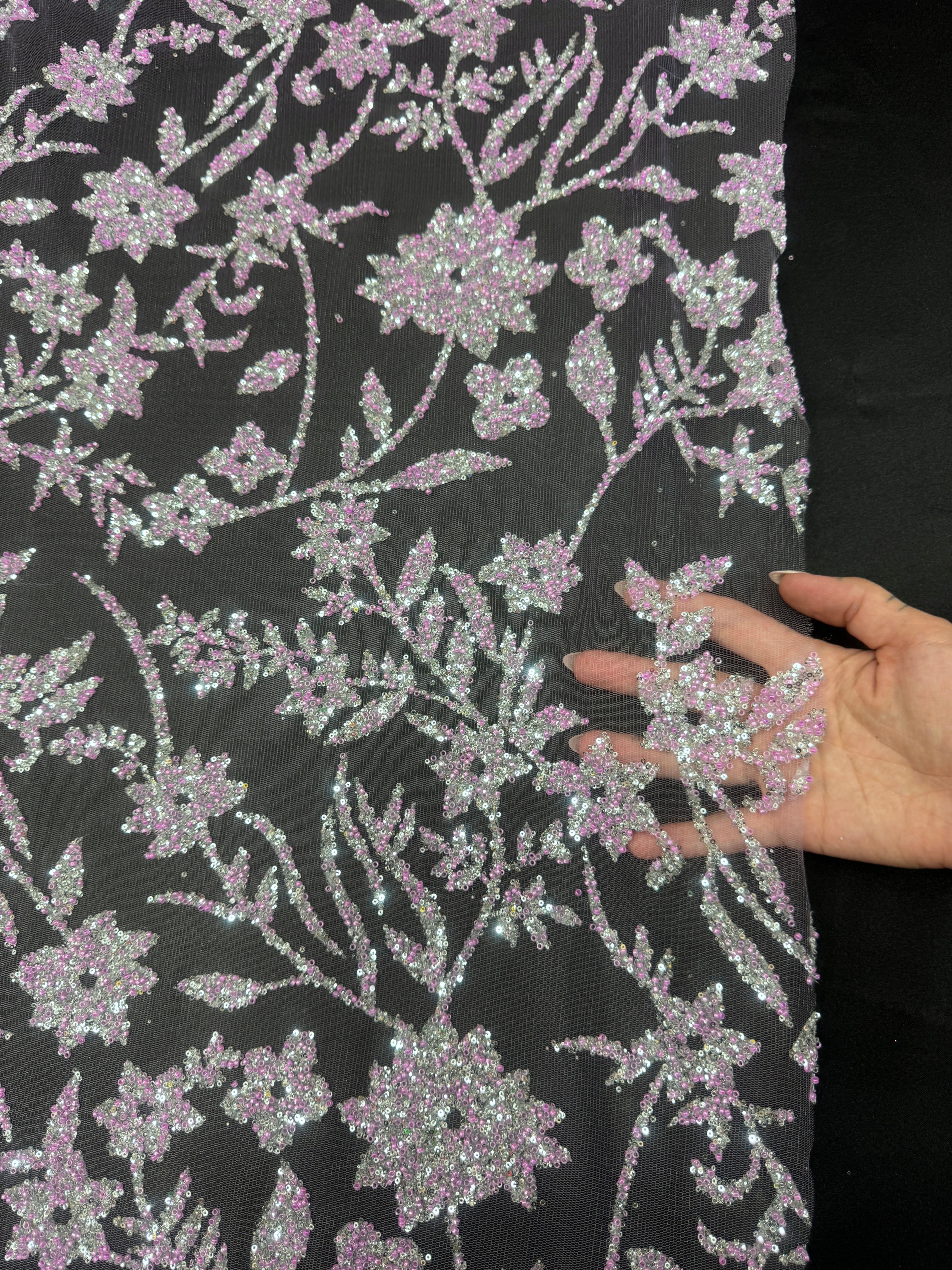 Lavender Silver Floral Beaded Lace, Lavender Lace Mesh, Beaded sequin lace, nude lace mesh,Glitter Lace, Seed beads lace,lace mesh on discount