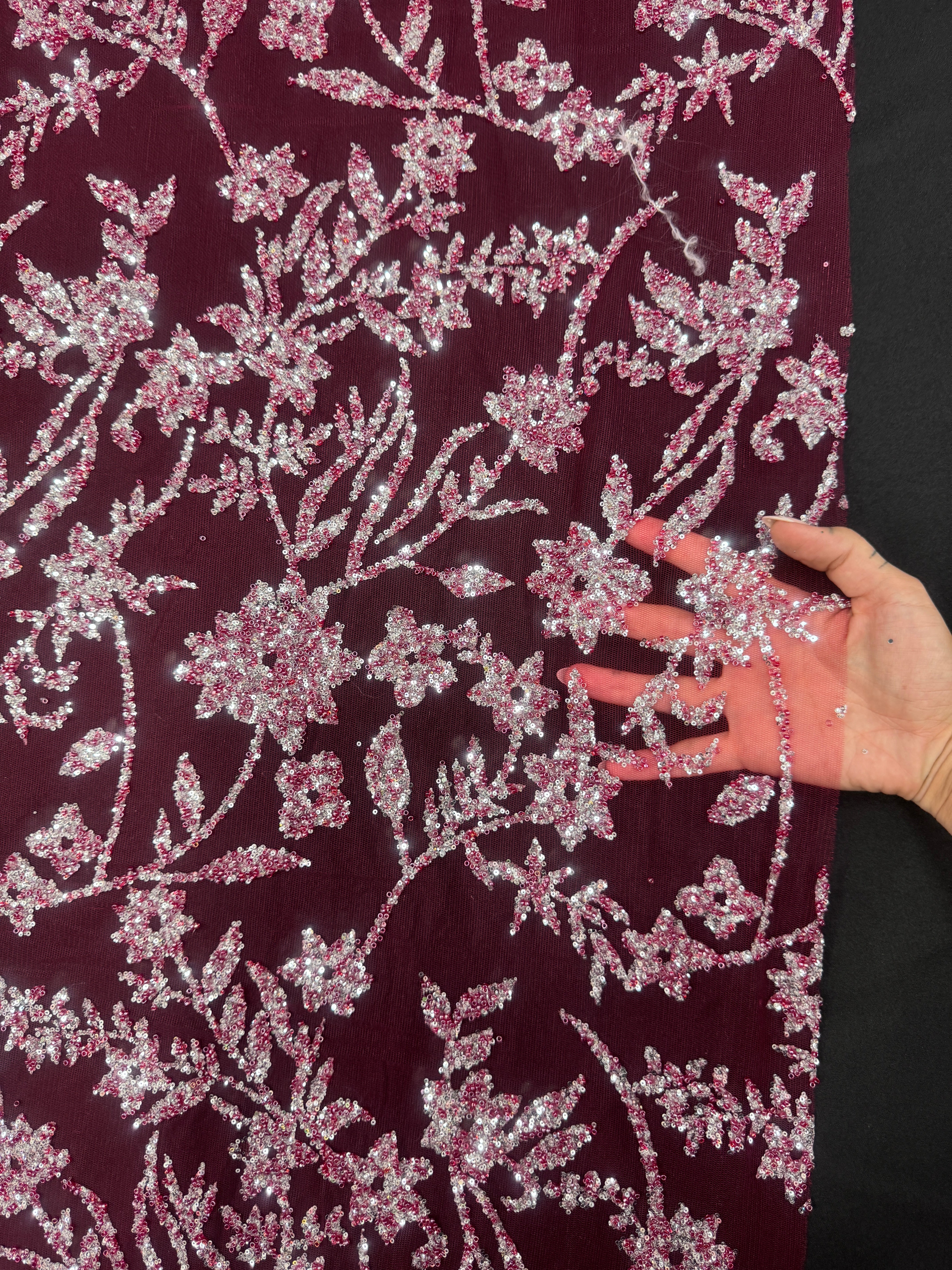 Wine Silver Floral Beaded Lace, Wine Lace Mesh, Beaded sequin lace, nude lace mesh,Glitter Lace, Seed beads lace,lace mesh on discount