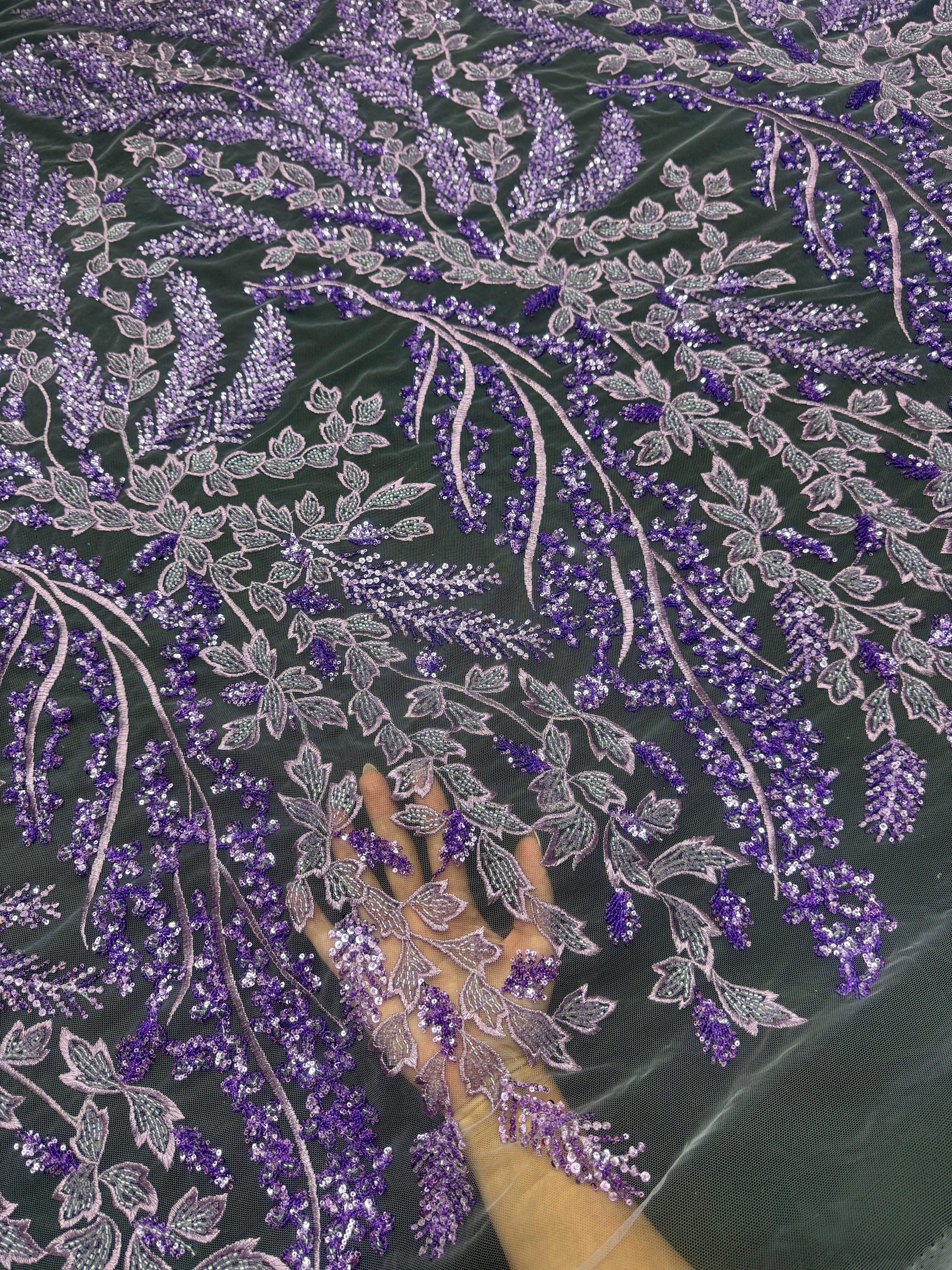 Lavender Leaves Beaded Embroidered Lace, online textile store, sewing, fabric store, sewing store, cheap fabric store, kiki textiles