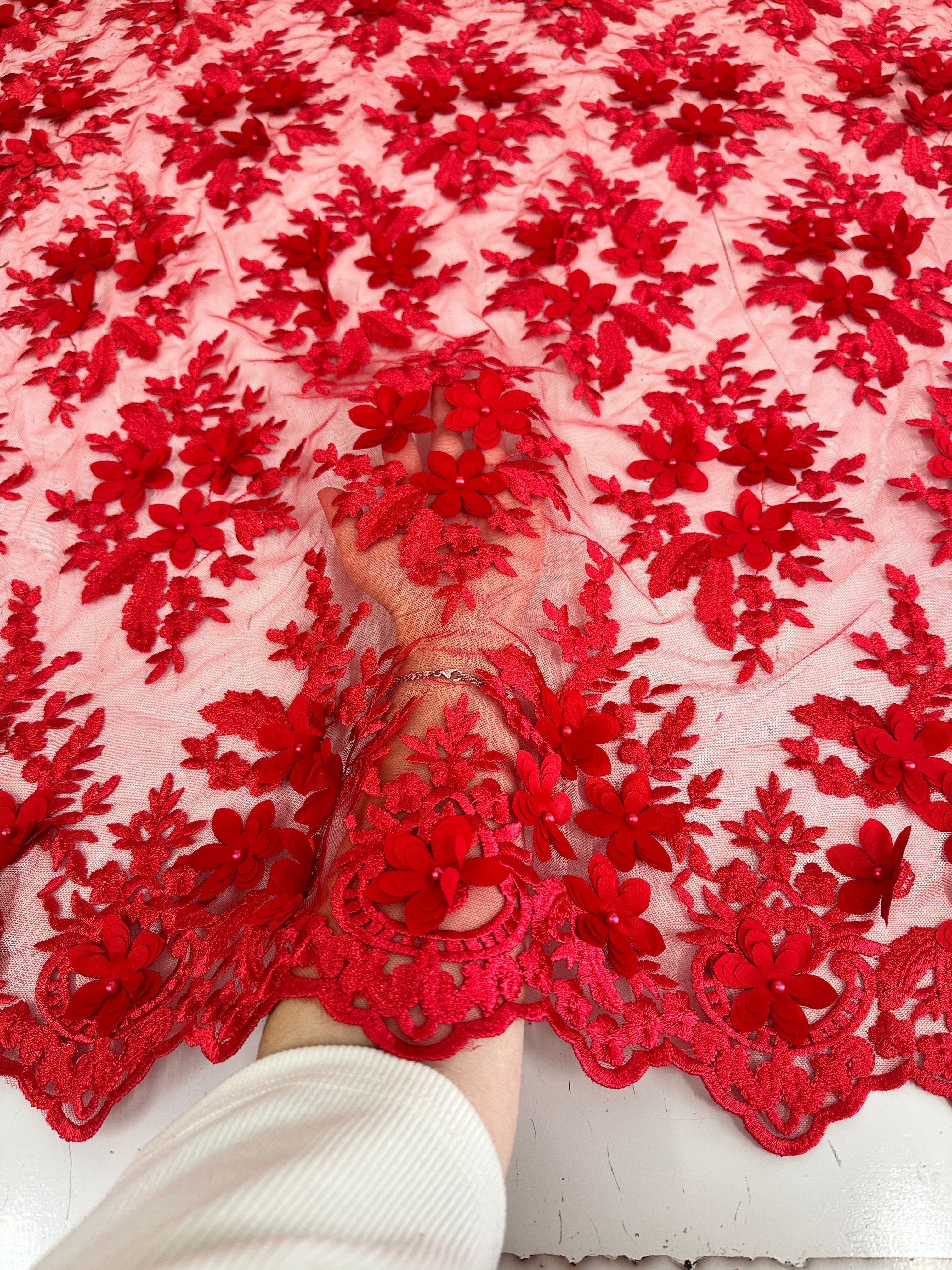 Red 3D Floral Scalloped Mesh Lace, sewing, fabric store, sewing store, cheap fabric store, kiki textiles