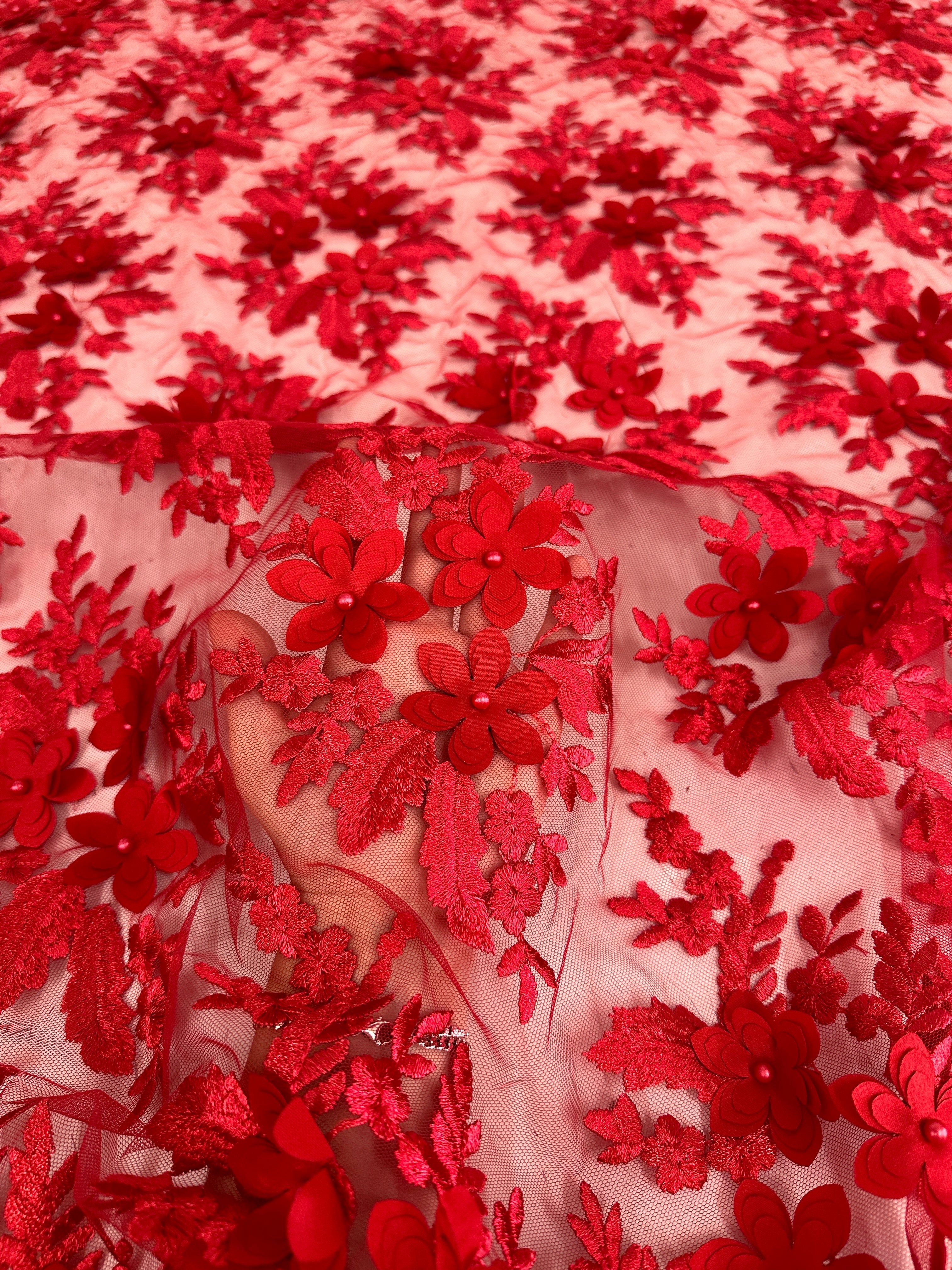 Red 3D Floral Scalloped Mesh Lace, sewing, fabric store, sewing store, cheap fabric store, kiki textiles