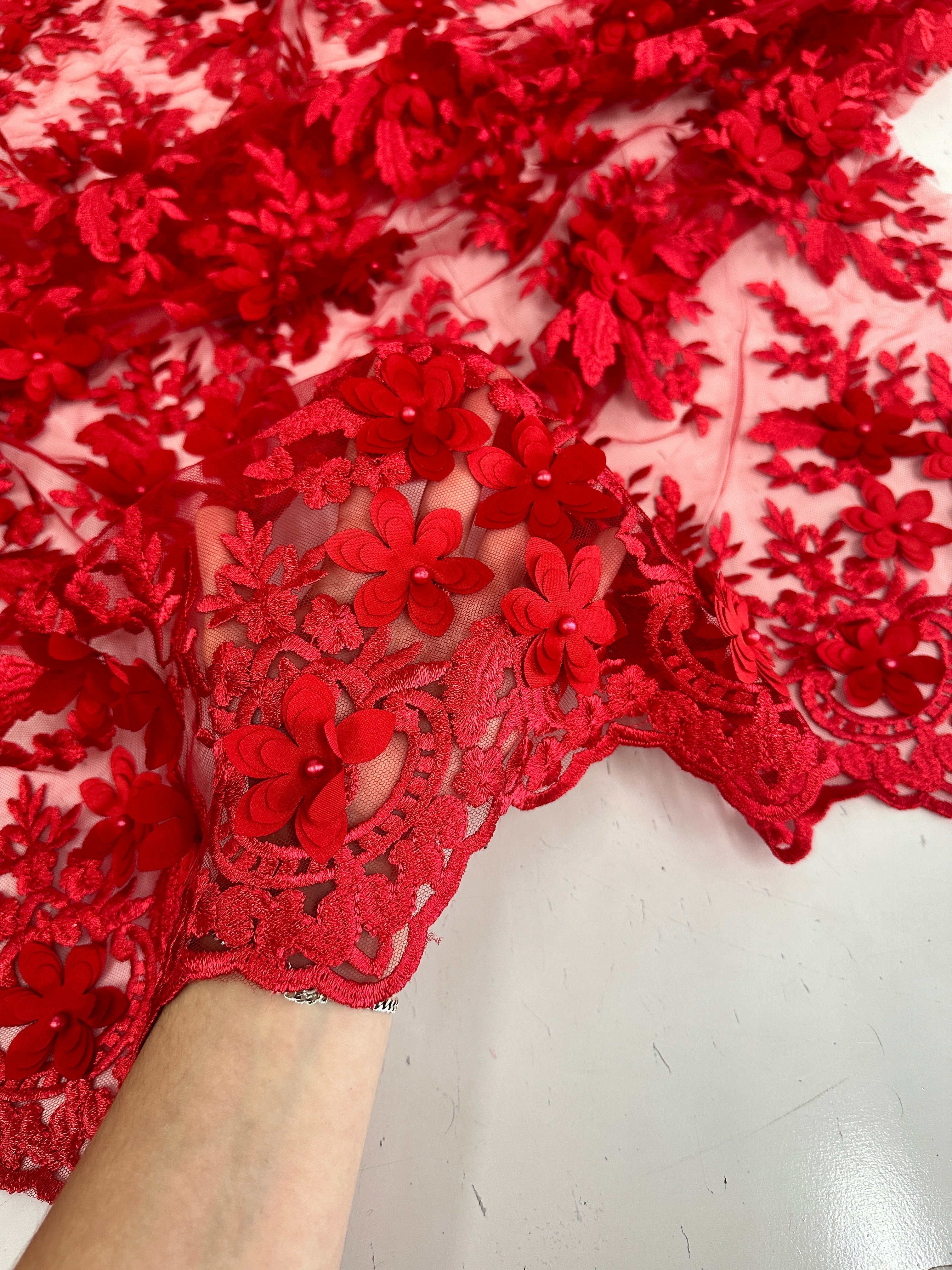 Red 3D Floral Scalloped Mesh Lace, sewing, fabric store, sewing store, cheap fabric store, kiki textiles