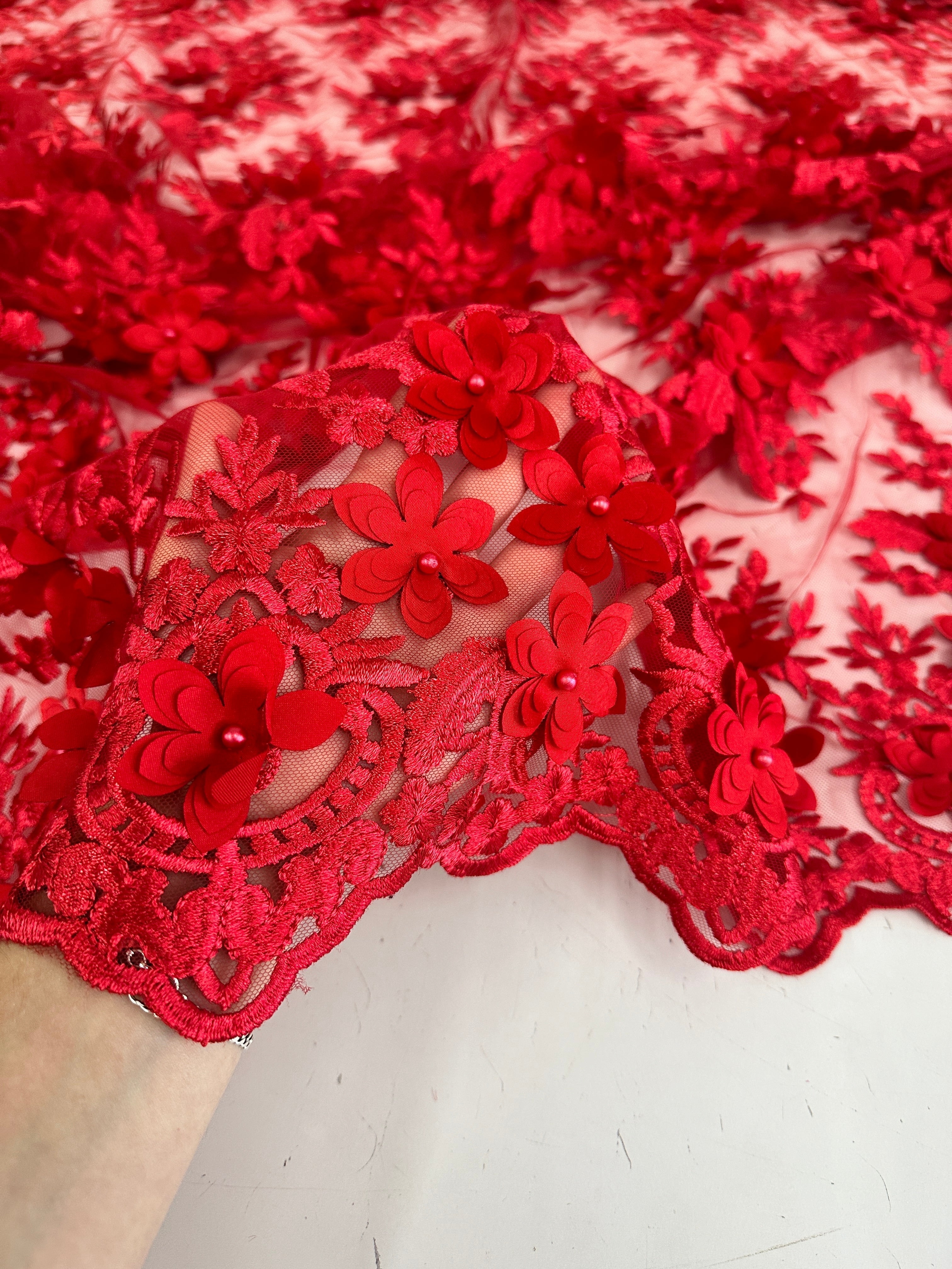Red 3D Floral Scalloped Mesh Lace, Red Mesh, Nude lace mesh, lace mesh for woman, lace mesh for bride, lace mesh on sale, lace mesh on discount