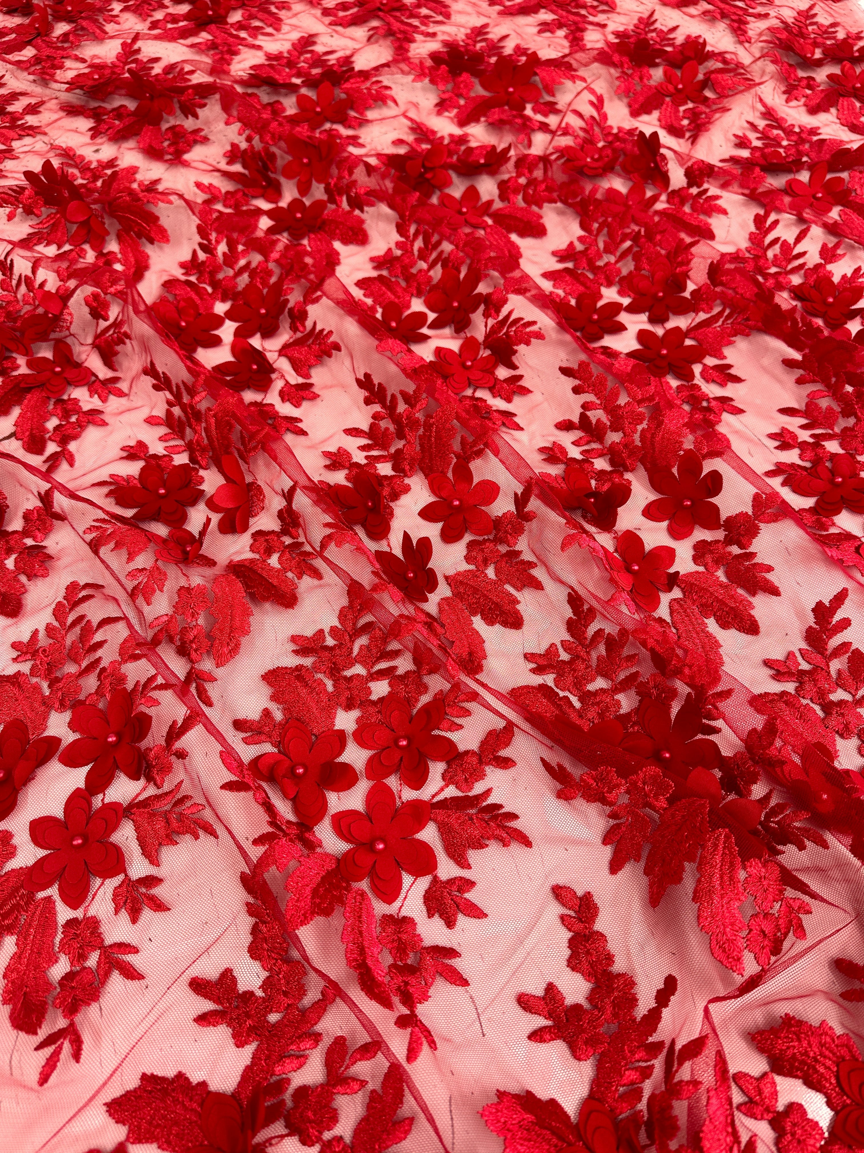 Red 3D Floral Scalloped Mesh Lace, sewing, fabric store, sewing store, cheap fabric store, kiki textiles