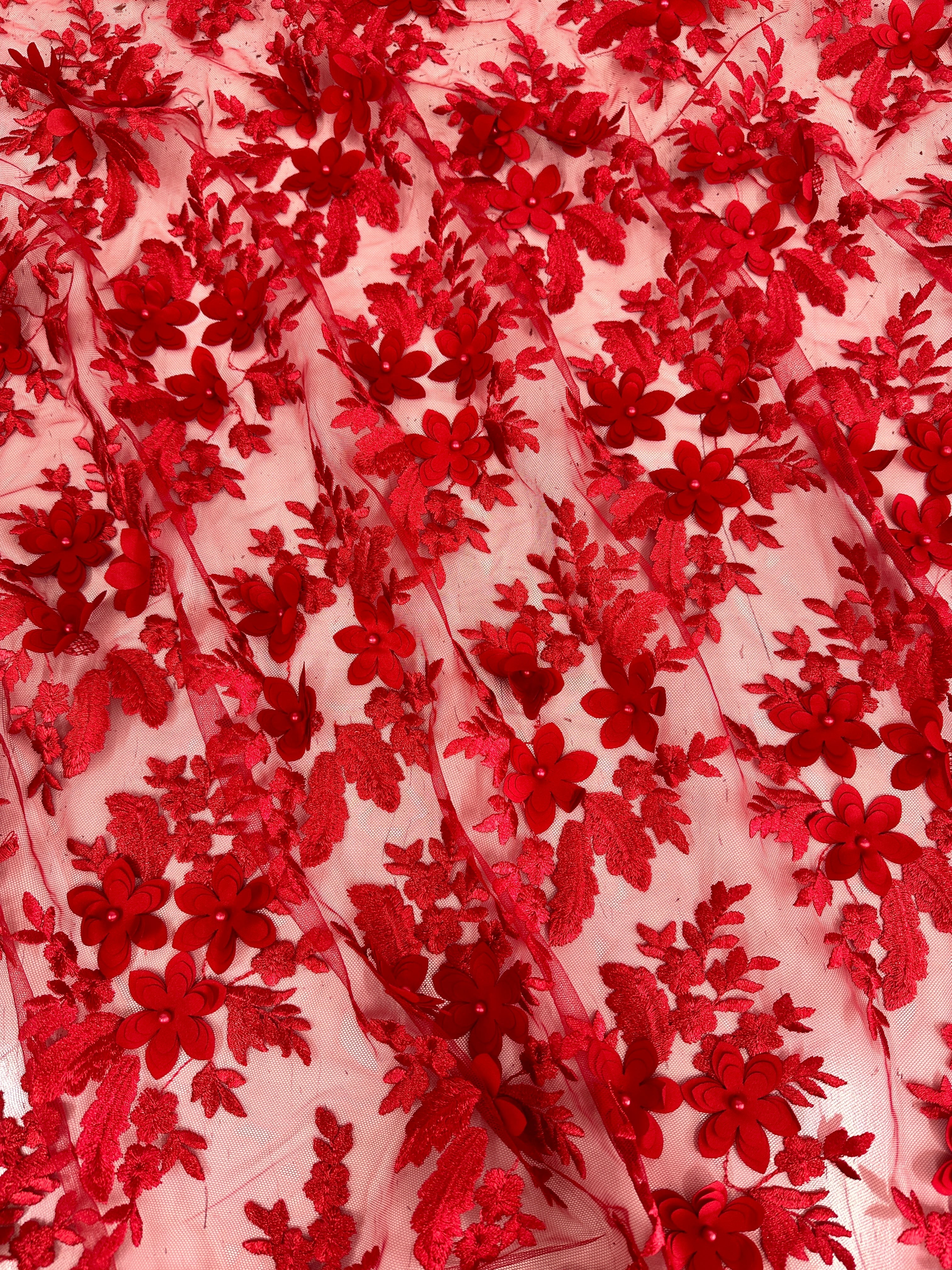 Red 3D Floral Scalloped Mesh Lace, sewing, fabric store, sewing store, cheap fabric store, kiki textiles