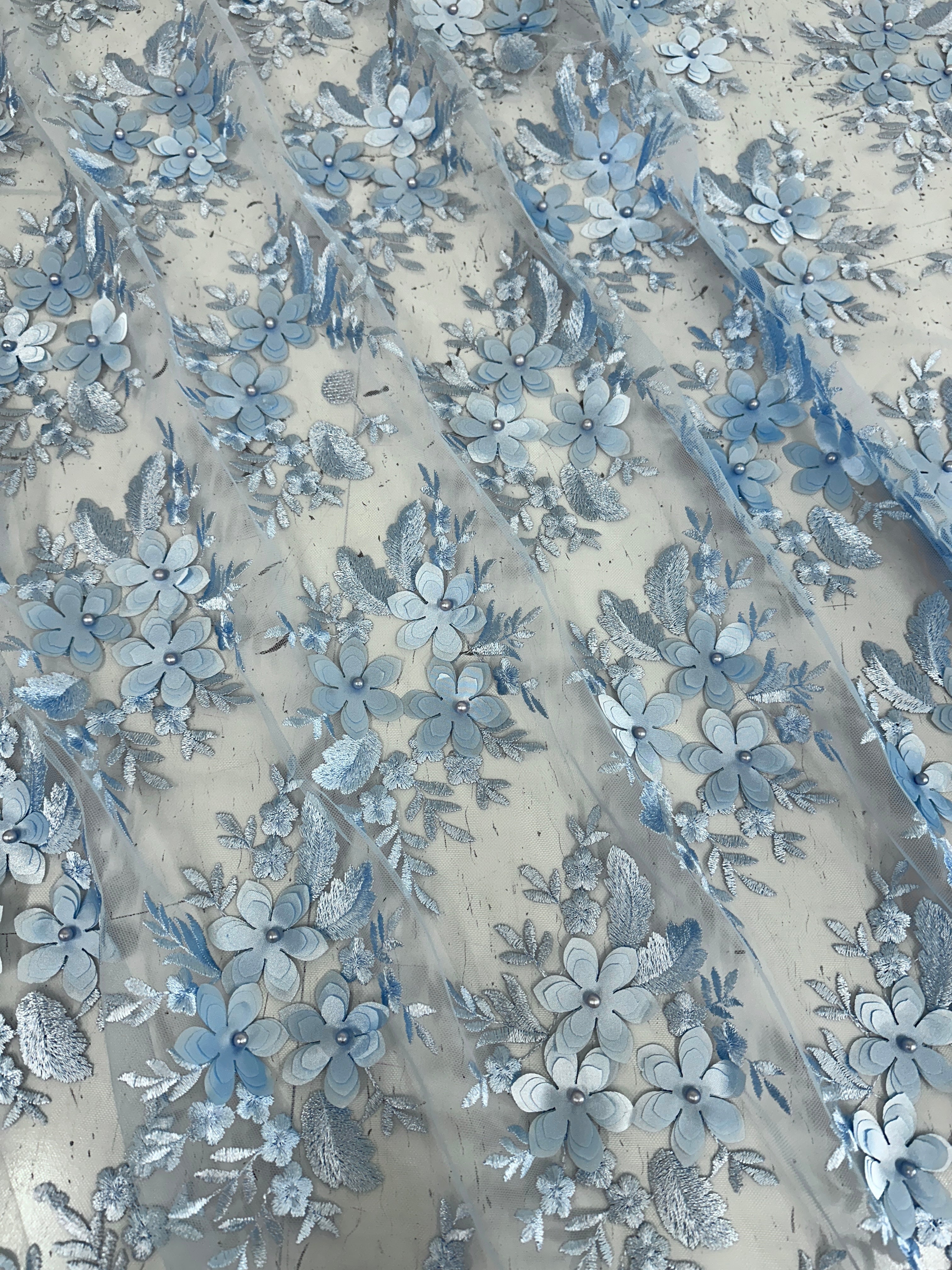 Baby Blue 3D Flower Scalloped Mesh Lace, Baby Blue Mesh, Nude lace mesh, lace mesh for woman, lace mesh for bride, lace mesh on sale, lace mesh on discount