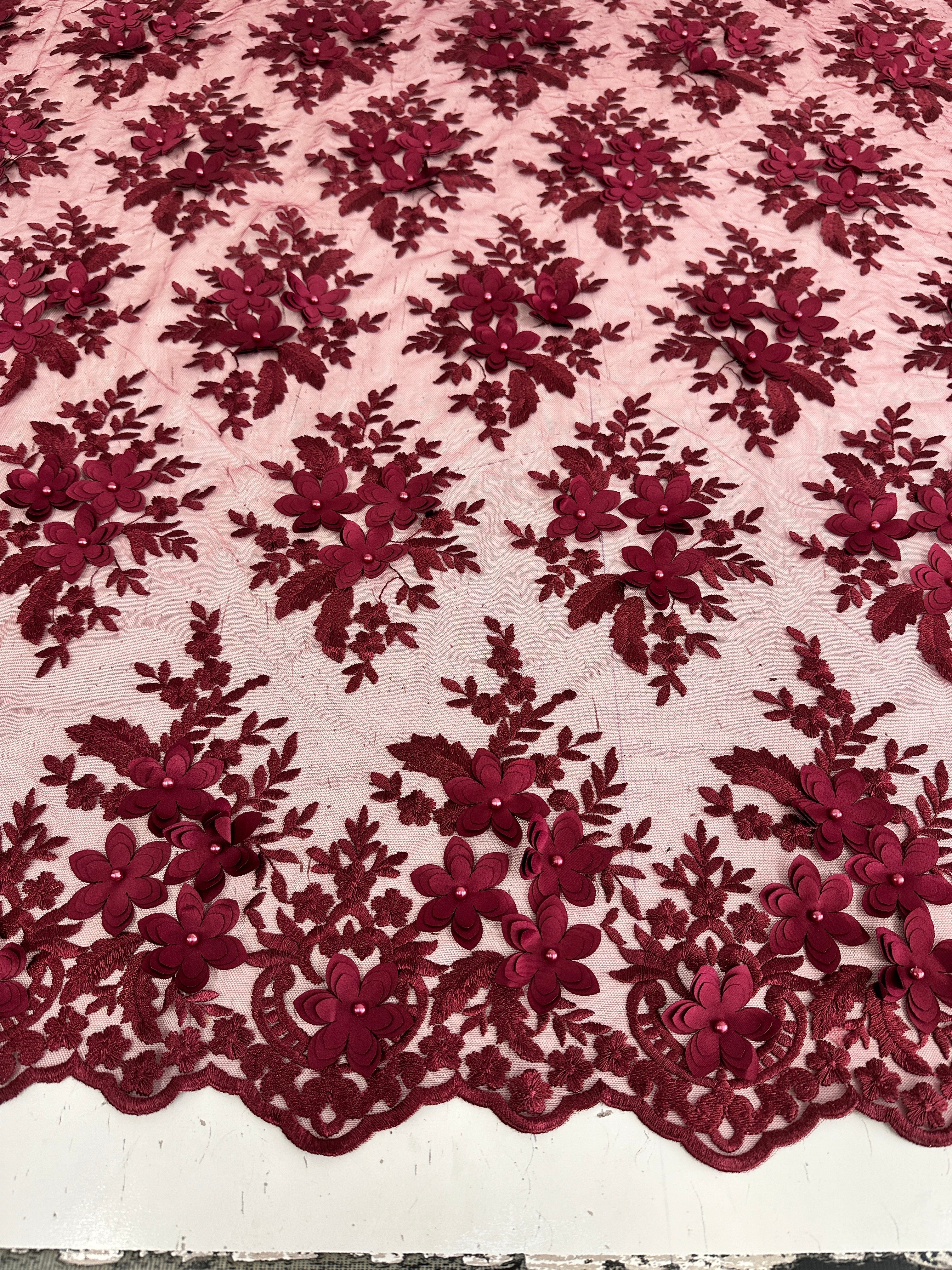 Burgundy 3D Flower Scalloped Mesh Lace, Burgundy Mesh, Nude lace mesh, lace mesh for woman, lace mesh for bride, lace mesh on sale, lace mesh on discount