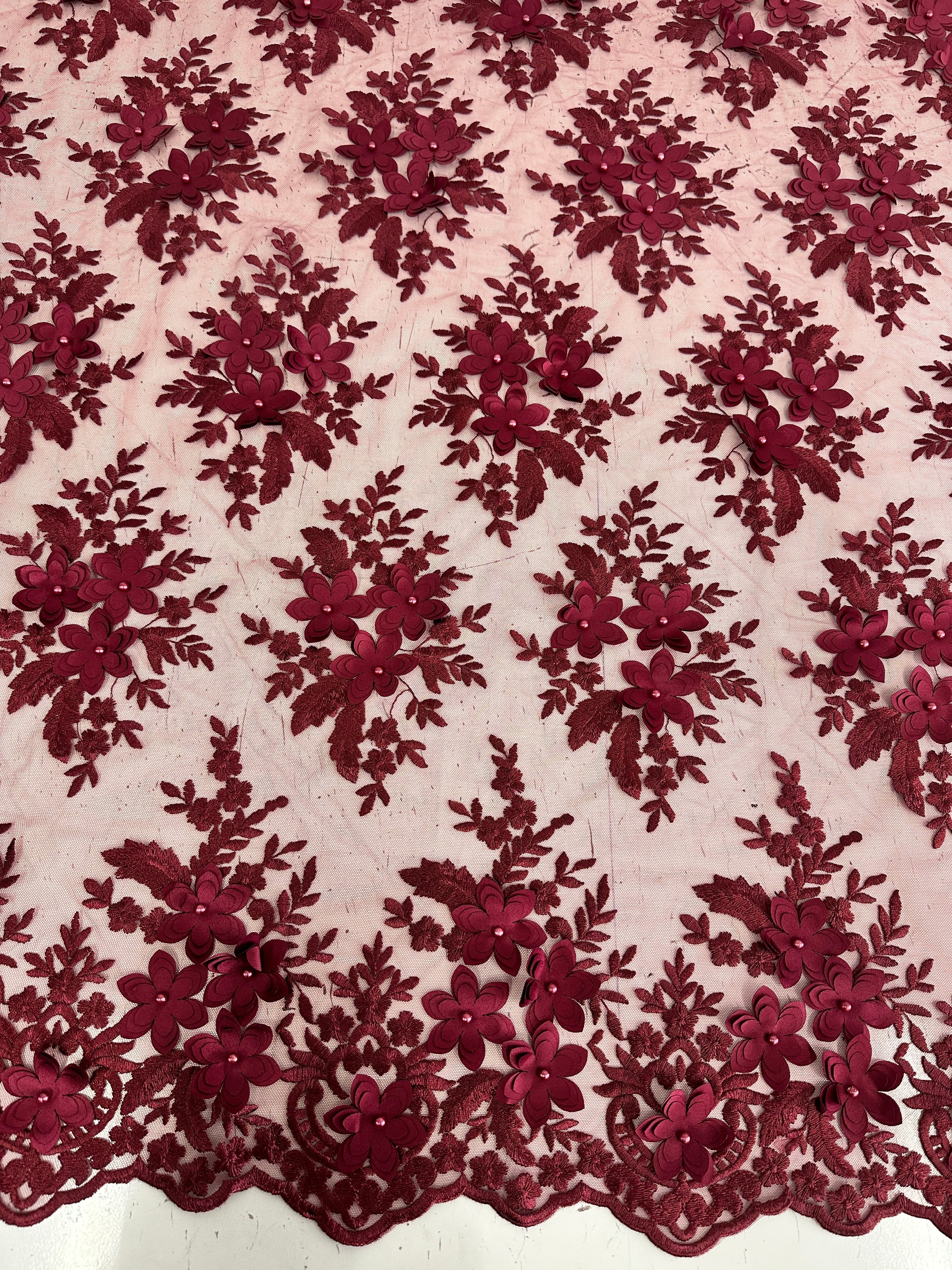 Burgundy 3D Flower Scalloped Mesh Lace, Burgundy Mesh, Nude lace mesh, lace mesh for woman, lace mesh for bride, lace mesh on sale, lace mesh on discount