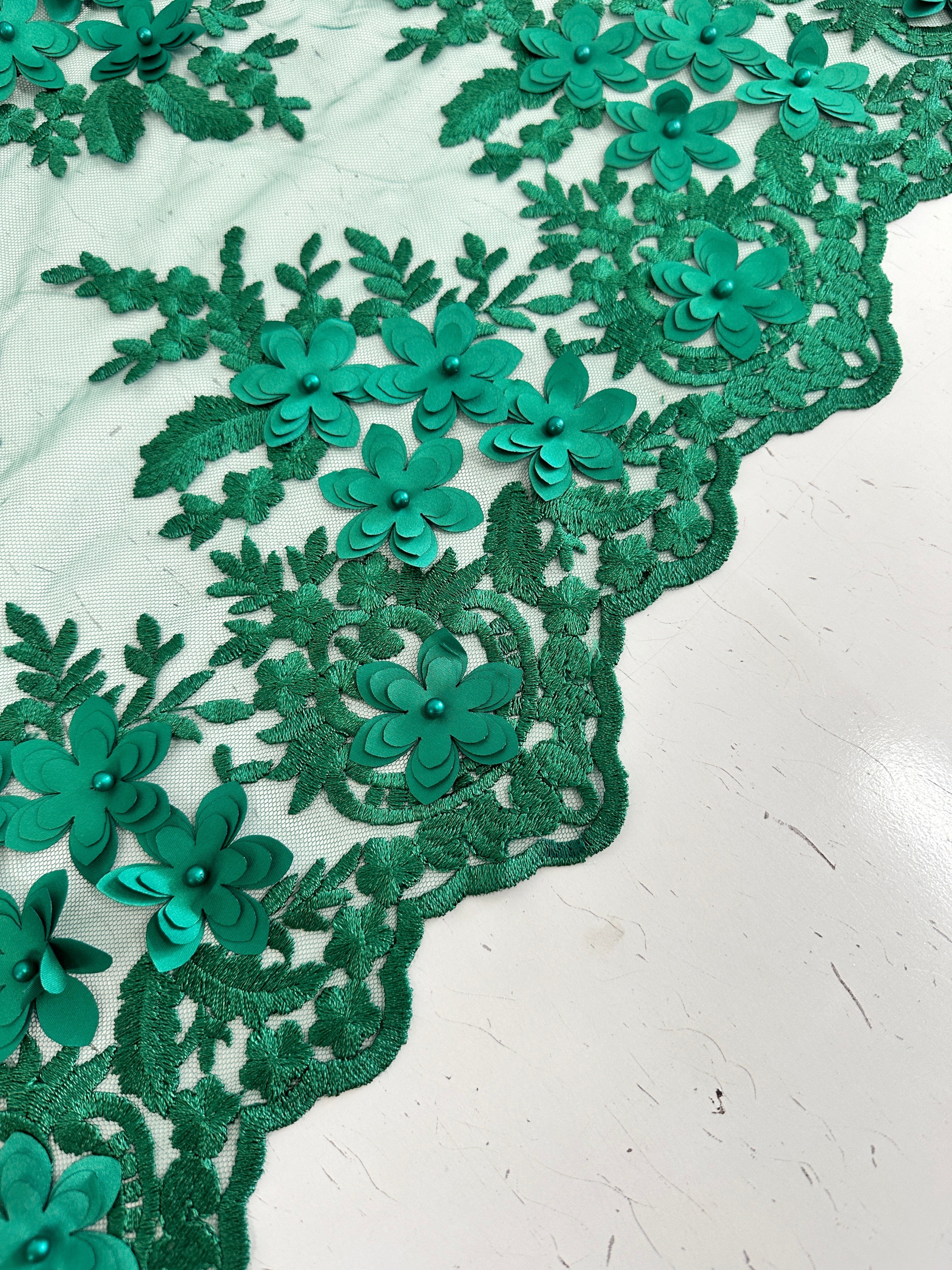 Kelly Green 3D Flower Scalloped Mesh Lace, online textile store, sewing, fabric store, sewing store, cheap fabric store, kiki textiles