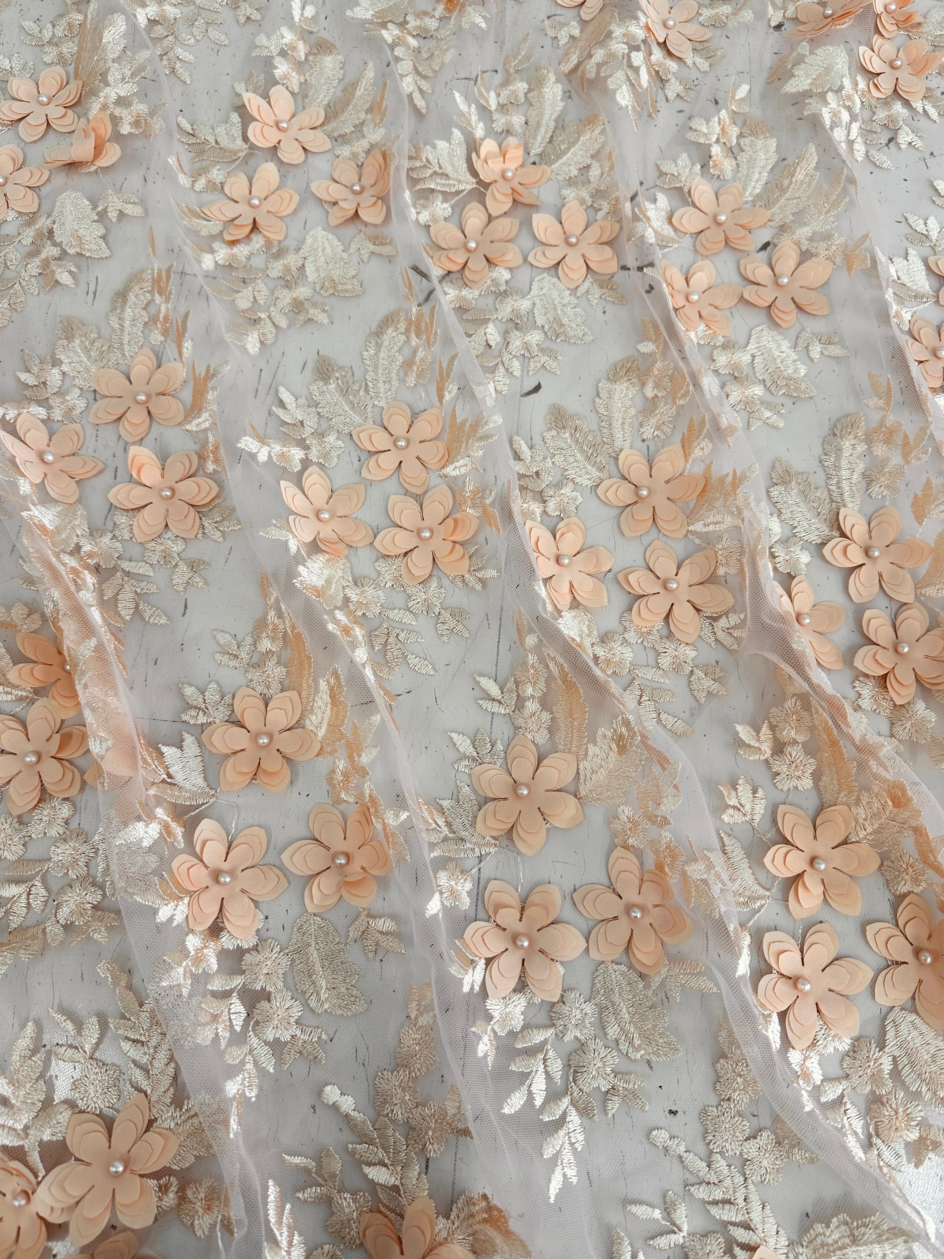 Peach 3D Flower Scalloped Mesh Lace, Peach Mesh, Nude lace mesh, lace mesh for woman, lace mesh for bride, lace mesh on sale, lace mesh on discount