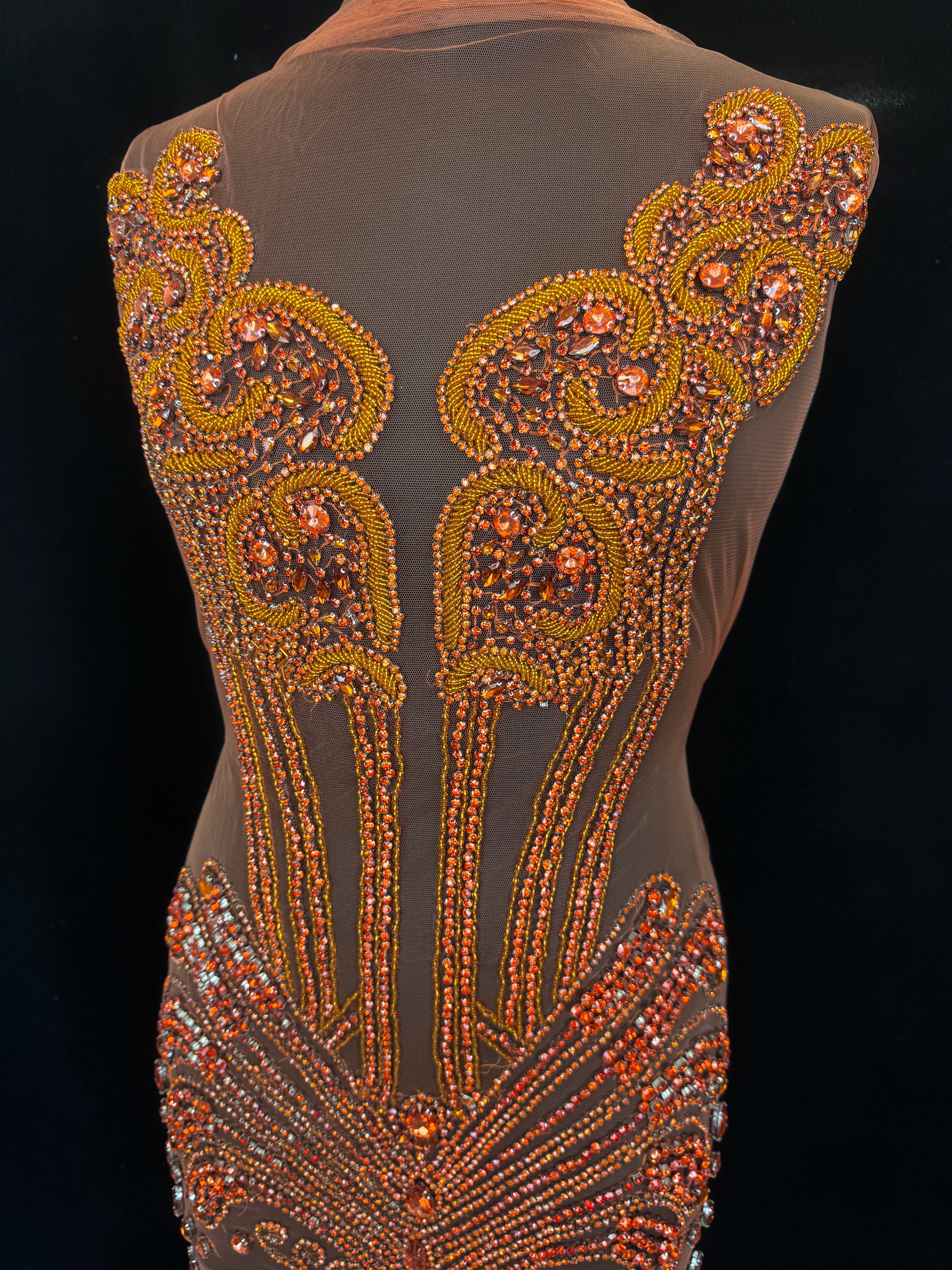 Eli Orange Rhinestone Bodice Appliqué, Orange Rhinestones Applique, Embellished clothing, Rhinestone applications, Rhinestone embroidery, Rhinestone patch, Dress patch, Rhinestones for dress