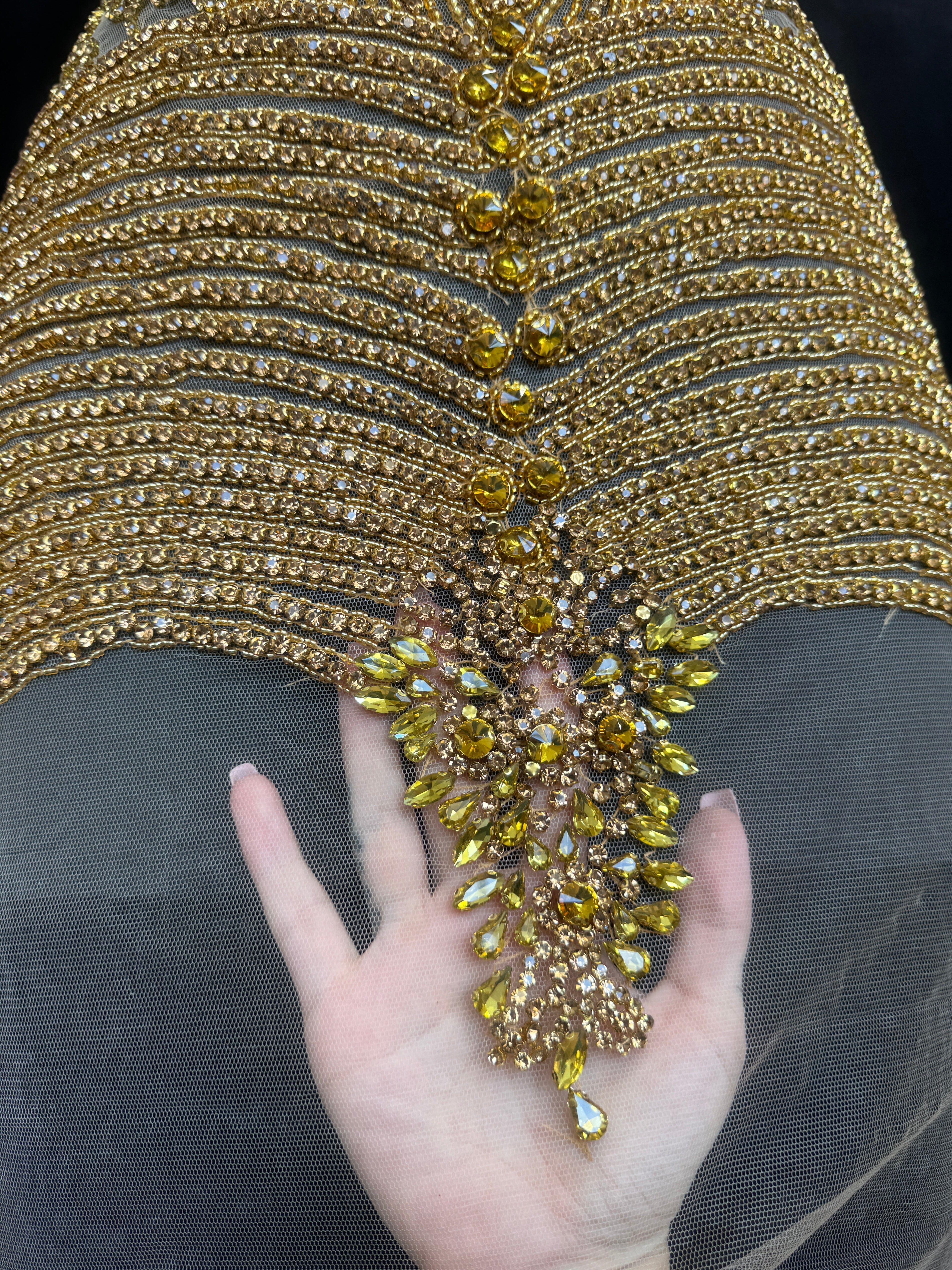 Lucy Gold Rhinestone Bodice Appliqué, Gold Rhinestones Applique, Embellished clothing, Rhinestone applications, Rhinestone embroidery, Rhinestone patch, Dress patch, Rhinestones for dress