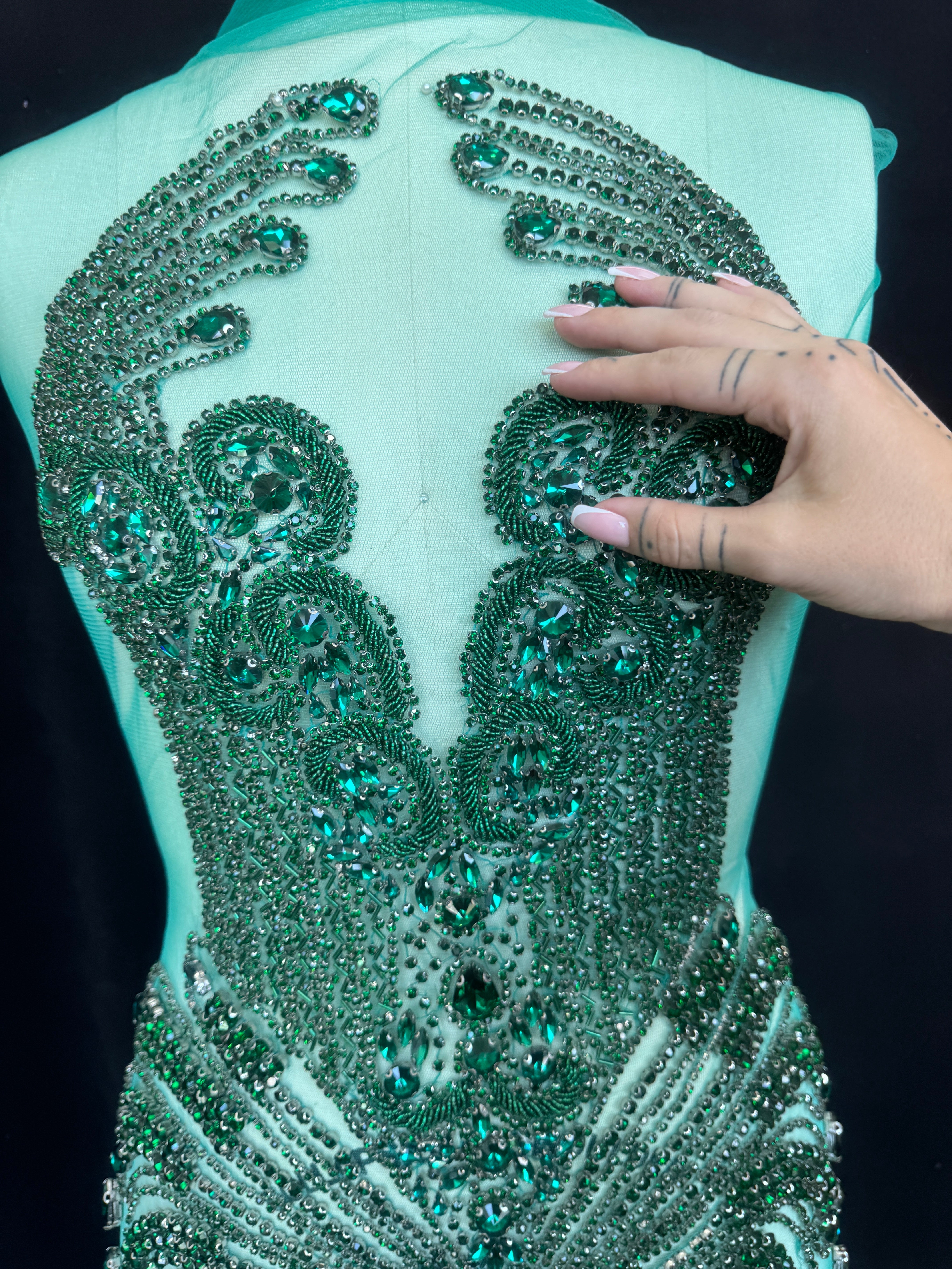 Tina Emerald Green Rhinestone Bodice Applique, Shop Fabrics Online, Sewing, Fabric Store, Sewing Store, Cheap Fabric Store, Kiki Textiles, Textile by the Yard