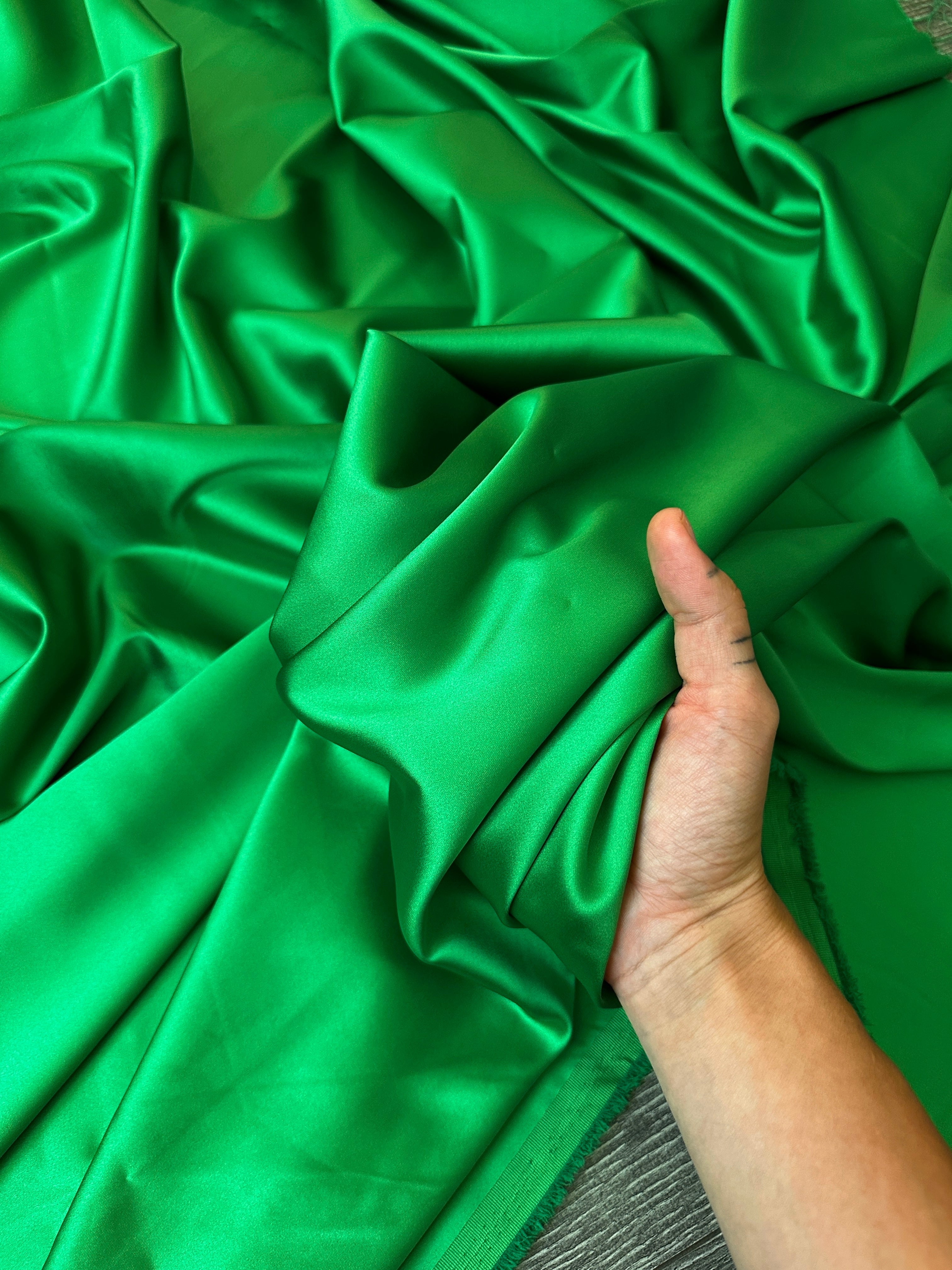 emerald stretch crepe back satin, green stretch crepe back satin, dark green stretch crepe back satin, premium stretch crepe back satin, satin for bride, satin for woman, satin in low price, cheap satin, satin on sale