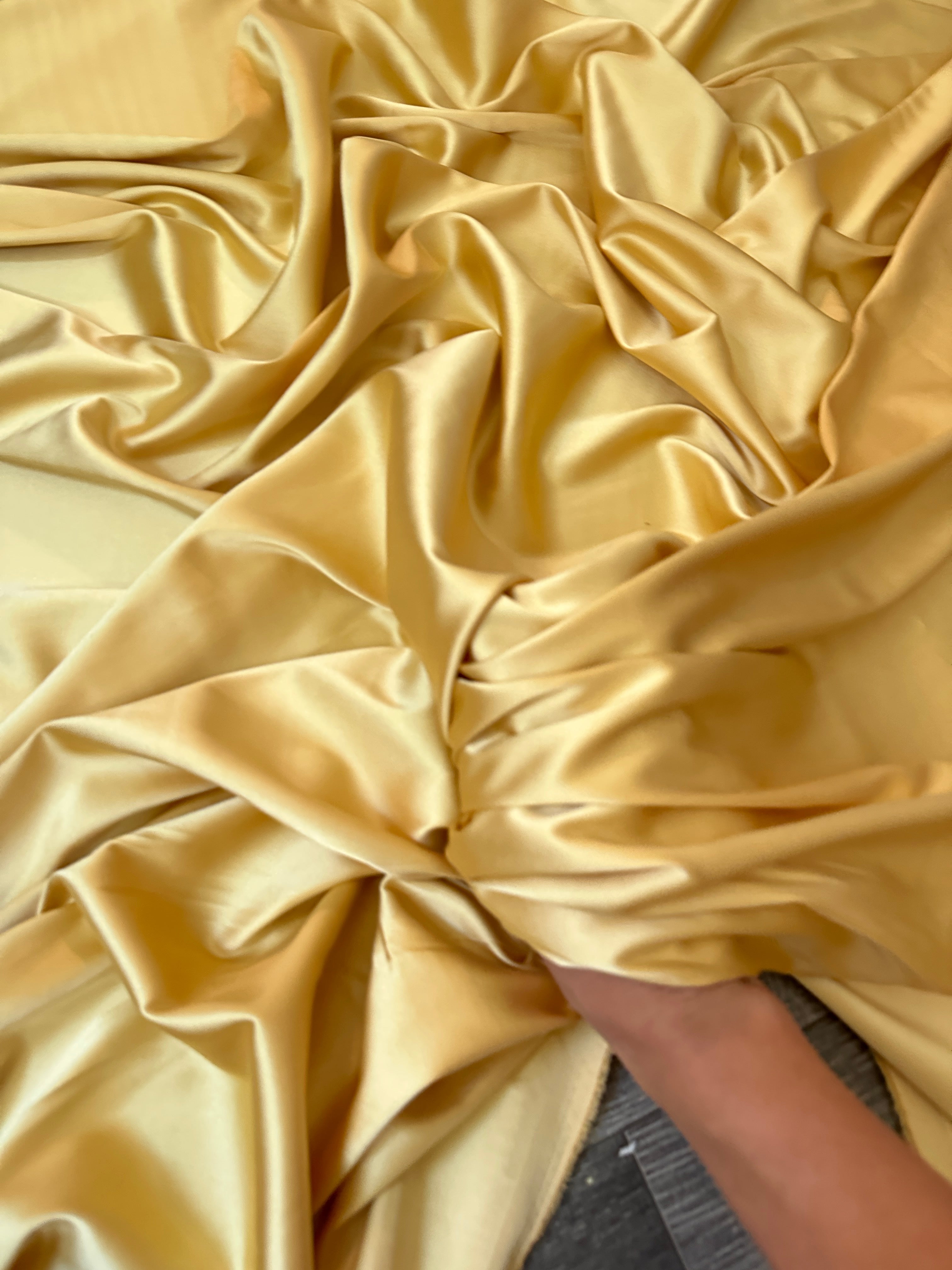 golden yellow stretch crepe back satin, golden stretch crepe back satin, yellow stretch crepe back satin, premium stretch crepe back satin, satin for bride, satin for woman, satin in low price, cheap satin, satin on sale