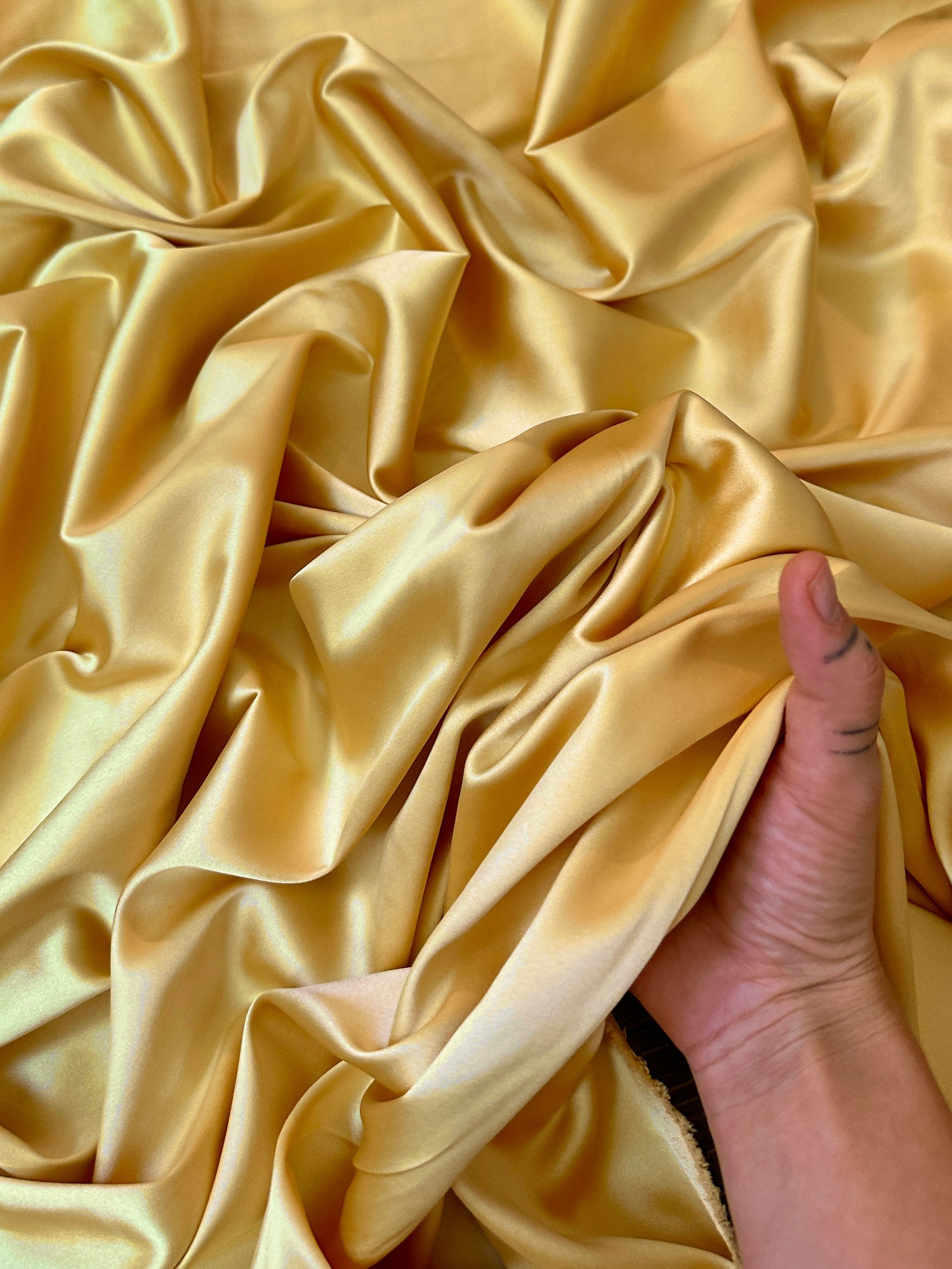 golden yellow stretch crepe back satin, golden stretch crepe back satin, yellow stretch crepe back satin, premium stretch crepe back satin, satin for bride, satin for woman, satin in low price, cheap satin, satin on sale