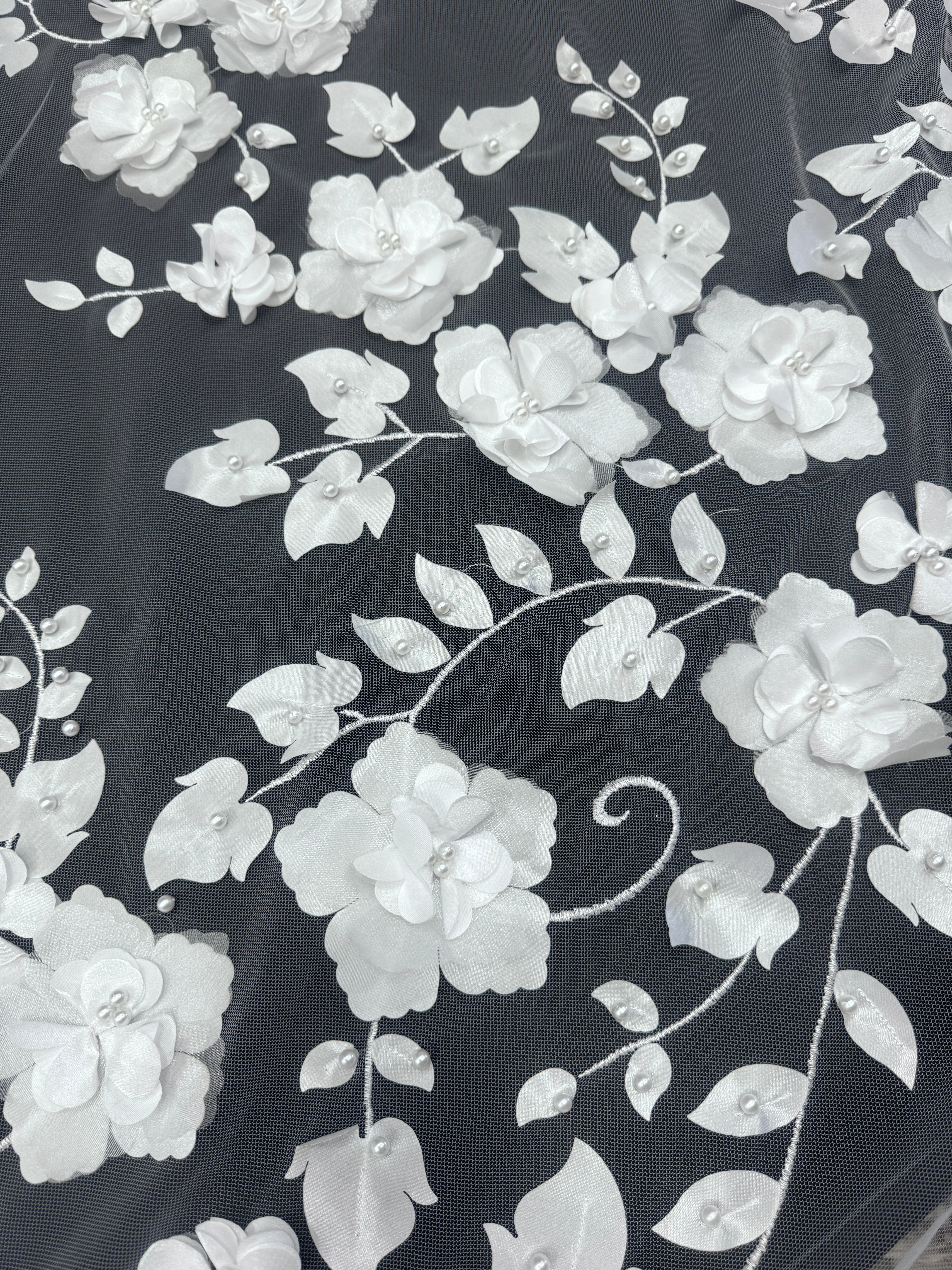 White 3D Flower Beaded Lace Mesh, Shop Fabrics Online, Sewing, Fabric Store, Sewing Store, Cheap Fabric Store, Kiki Textiles, Textile by the Yard