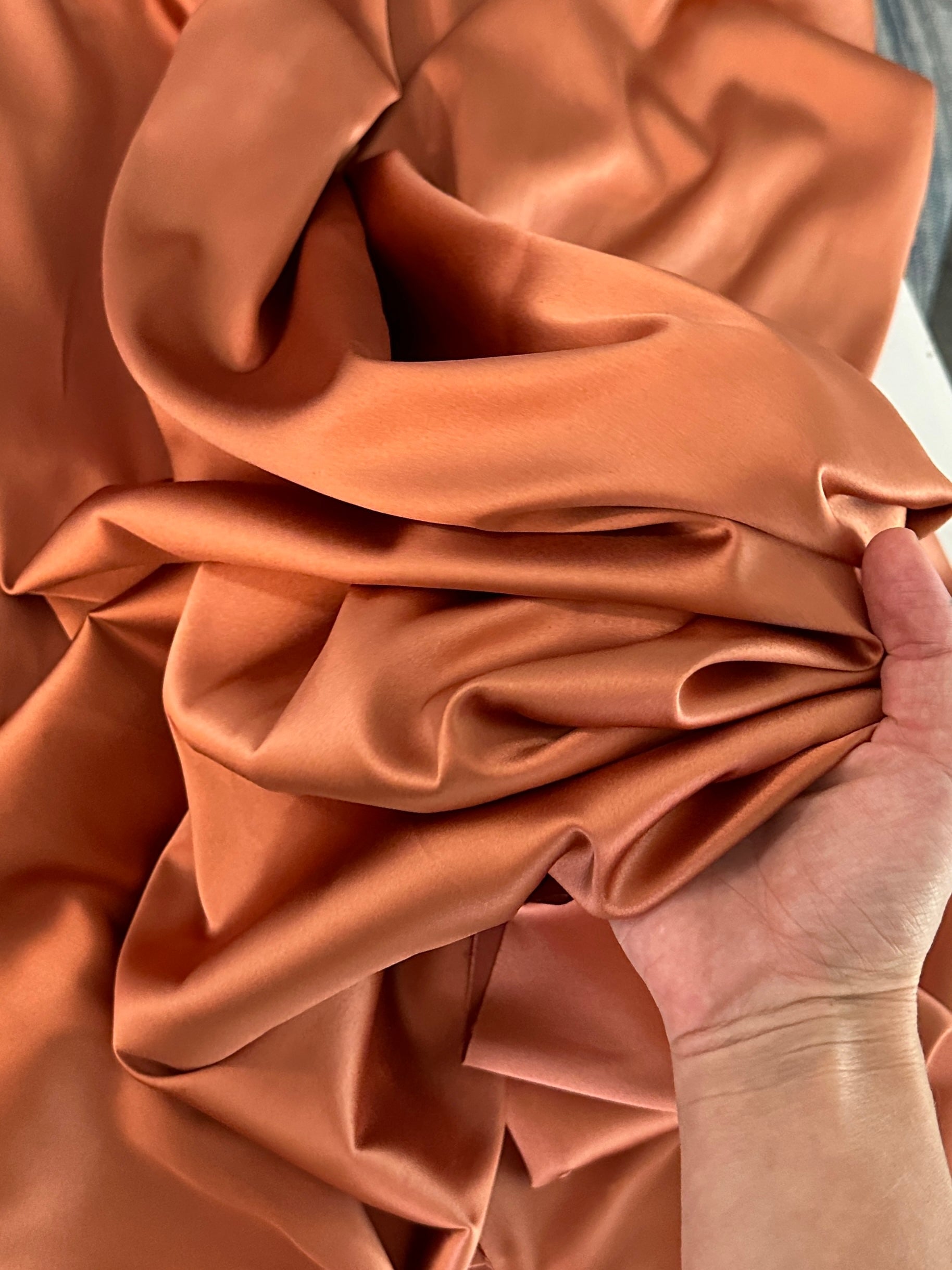 burnt orange stretch crepe back satin, orange stretch crepe back satin, dark orange stretch crepe back satin, premium stretch crepe back satin, satin for bride, satin for woman, satin in low price, cheap satin, satin on sale