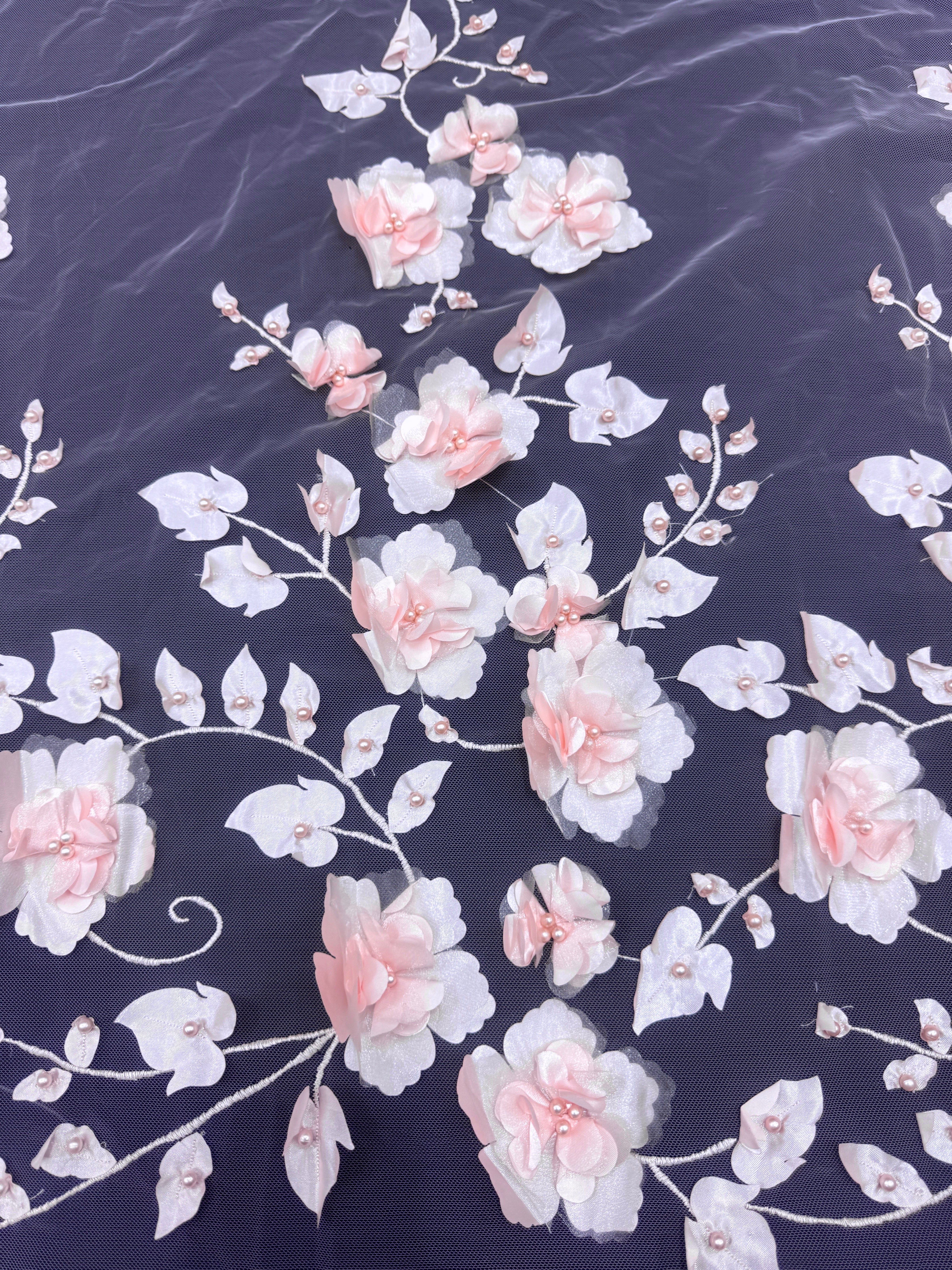 Blush Pink 3D Flower Beaded Lace Mesh, Shop Fabrics Online, Sewing, Fabric Store, Sewing Store, Cheap Fabric Store, Kiki Textiles, Textile by the Yard