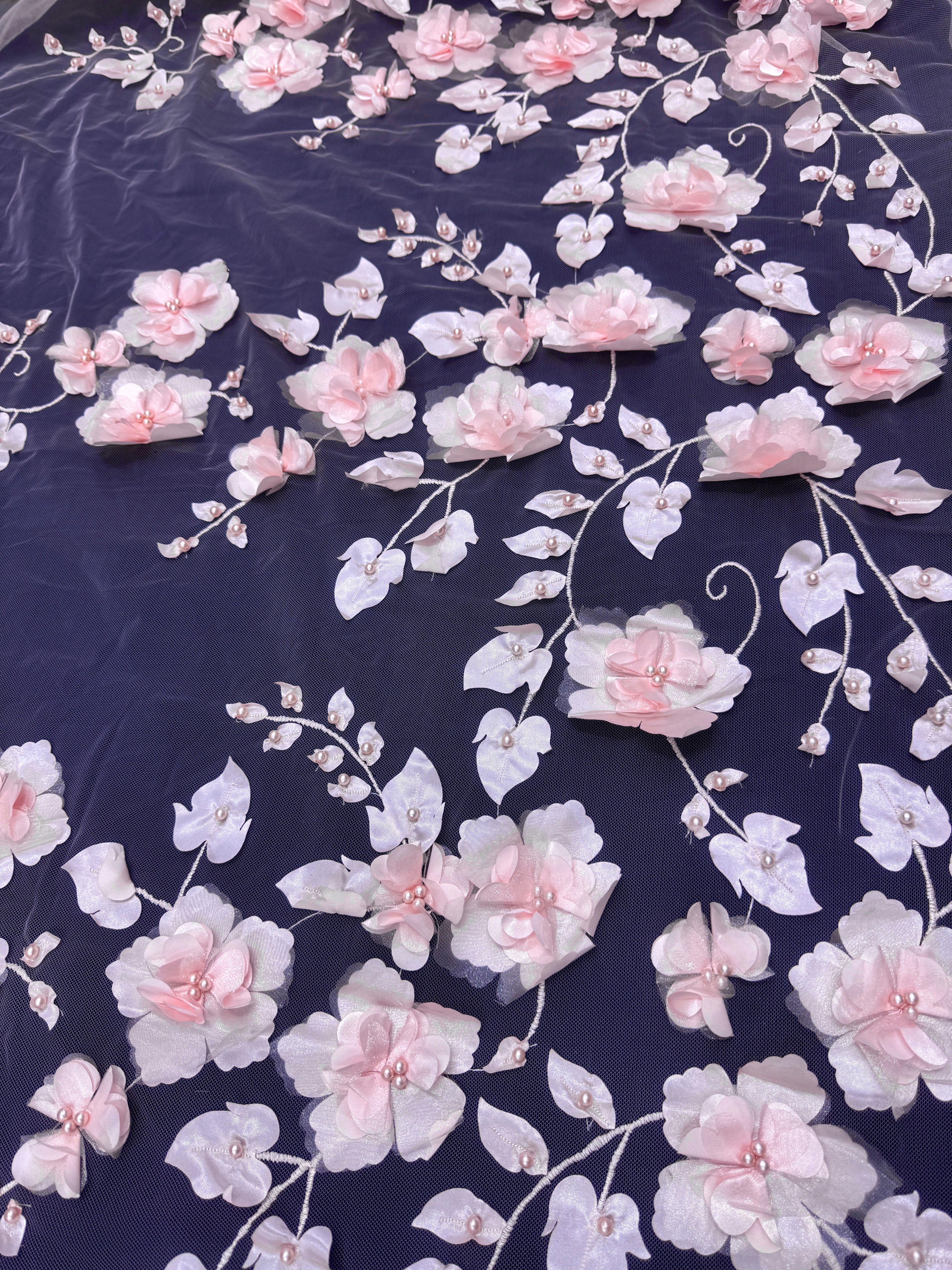 Blush Pink 3D Flower Beaded Lace Mesh, Shop Fabrics Online, Sewing, Fabric Store, Sewing Store, Cheap Fabric Store, Kiki Textiles, Textile by the Yard