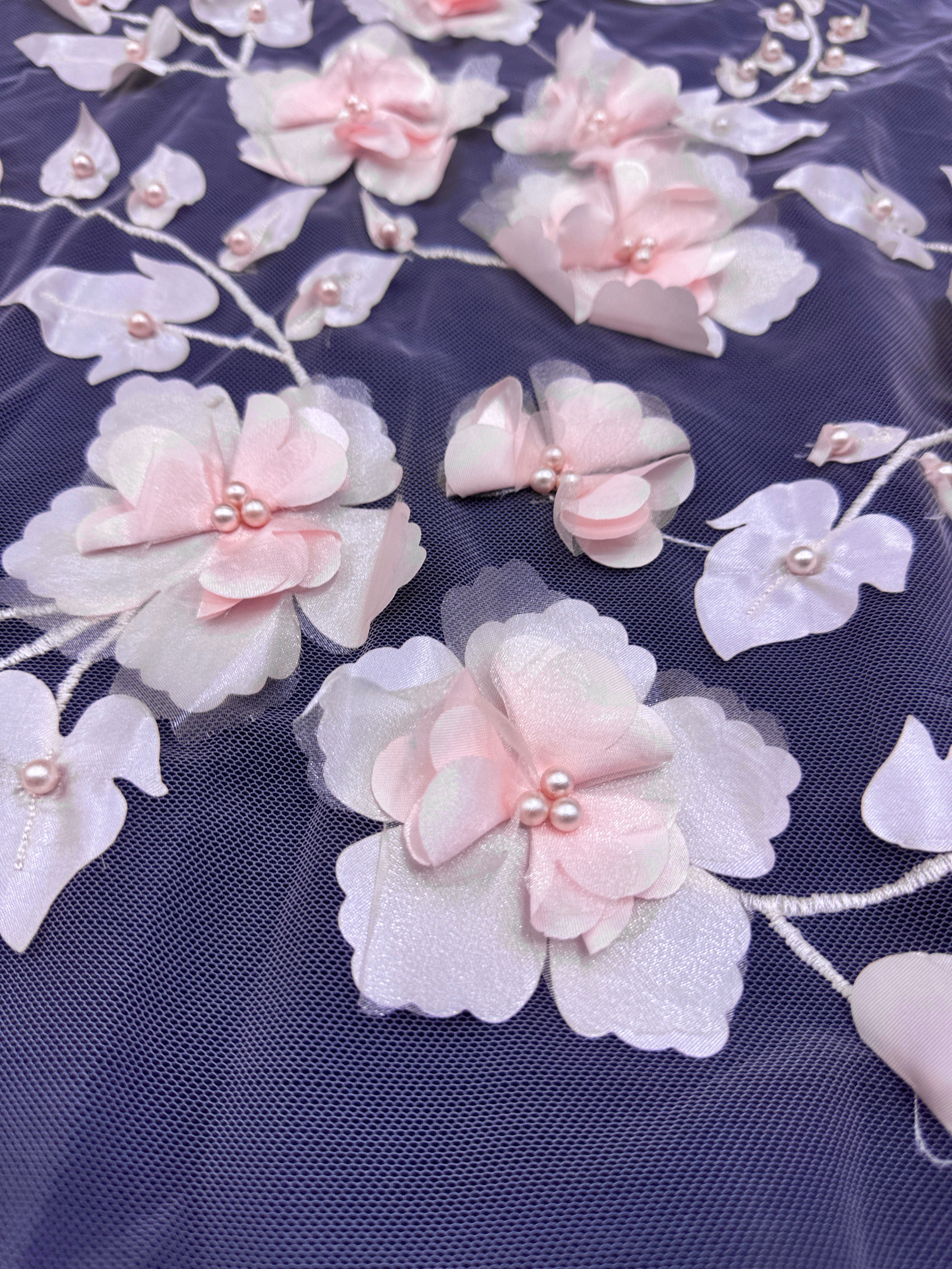 Blush Pink 3D Flower Beaded Lace Mesh, Shop Fabrics Online, Sewing, Fabric Store, Sewing Store, Cheap Fabric Store, Kiki Textiles, Textile by the Yard
