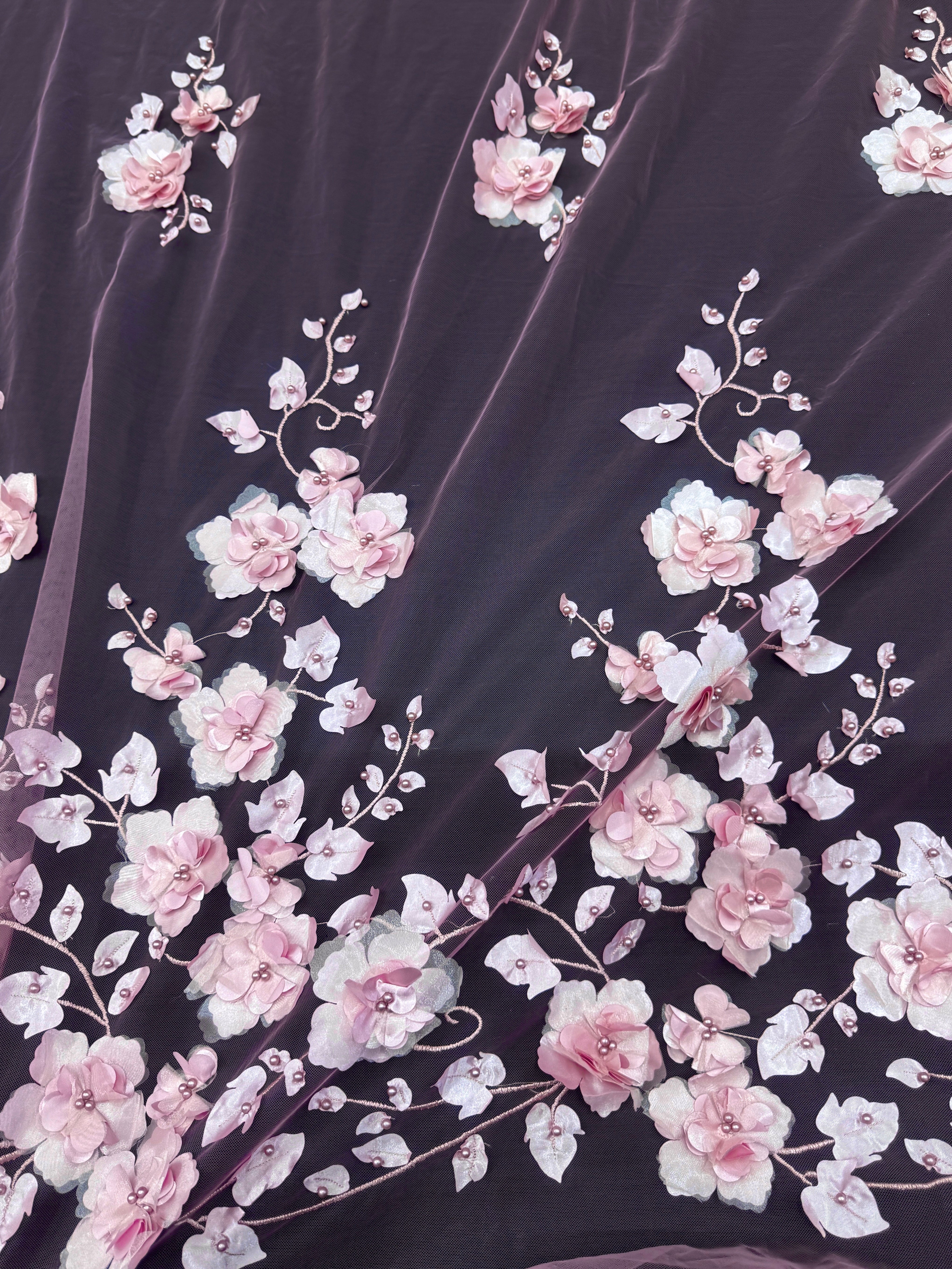Blush Pink 3D Flower Beaded Lace Mesh, Shop Fabrics Online, Sewing, Fabric Store, Sewing Store, Cheap Fabric Store, Kiki Textiles, Textile by the Yard