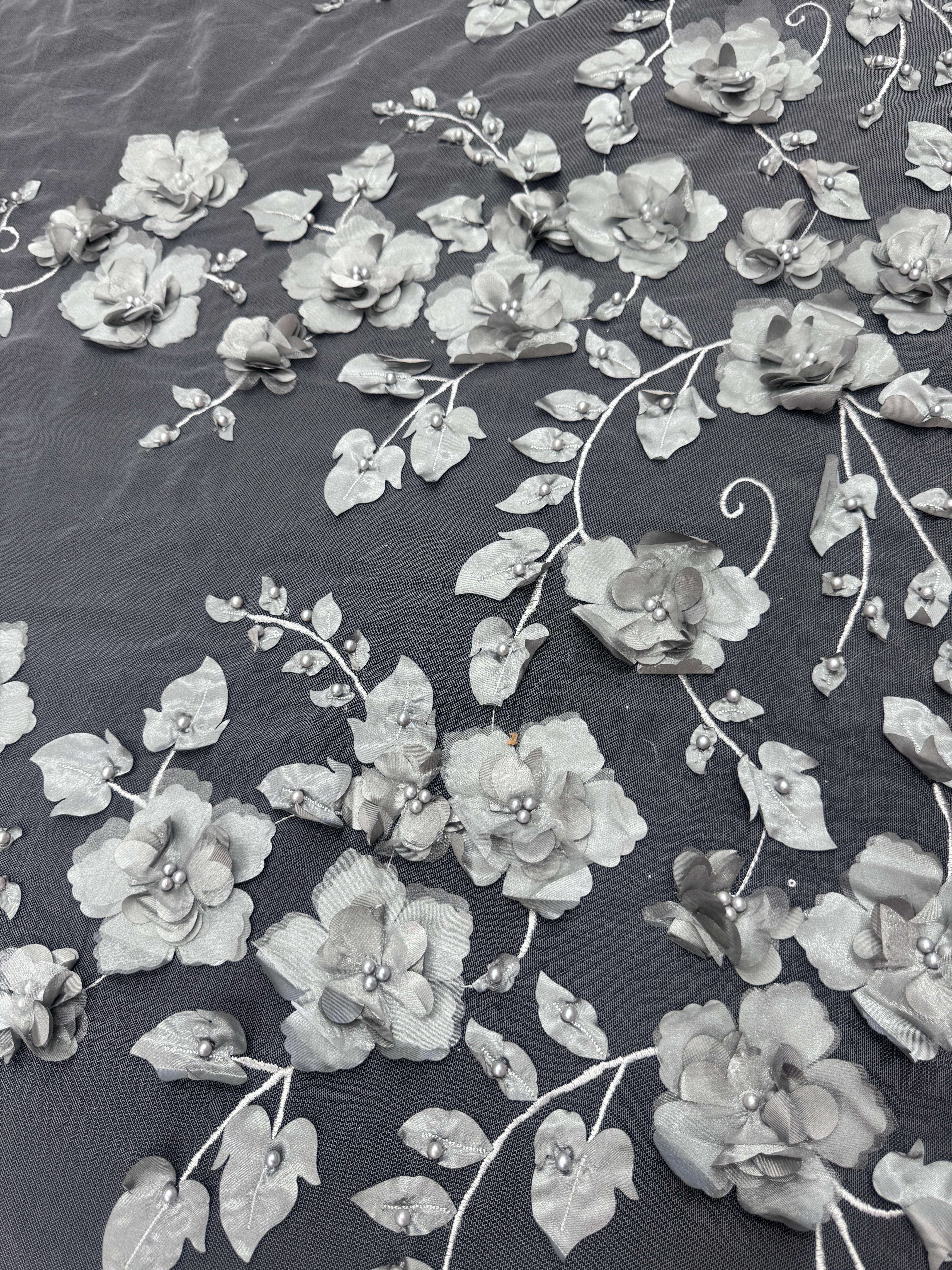 Silver 3D Flower Beaded Lace Mesh, Silver Lace Mesh, Beaded sequin lace, nude lace mesh, Glitter Lace, Seed beads lace, Lace mesh on discount