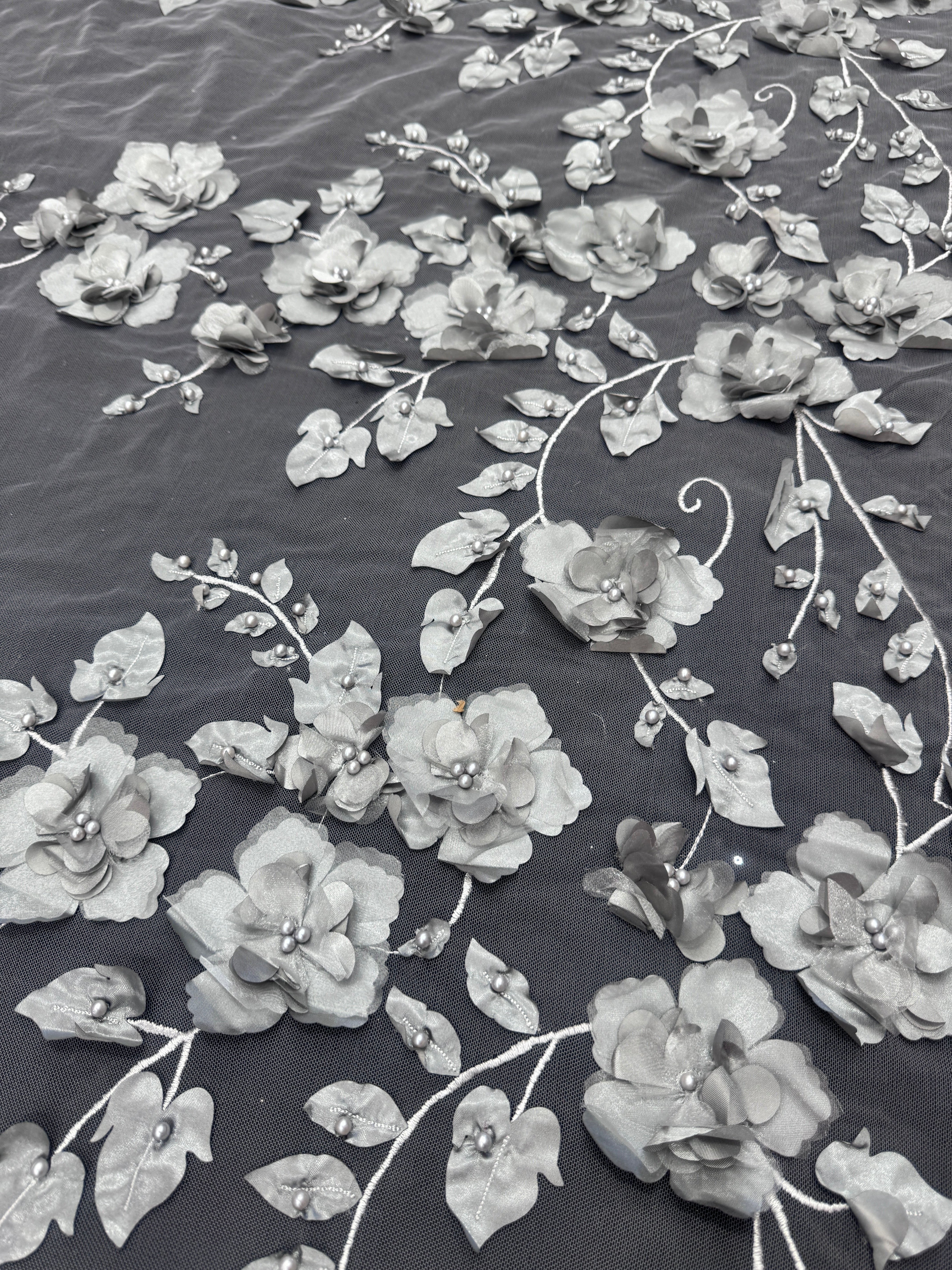 Silver 3D Flower Beaded Lace Mesh, Silver Lace Mesh, Beaded sequin lace, nude lace mesh, Glitter Lace, Seed beads lace, Lace mesh on discount