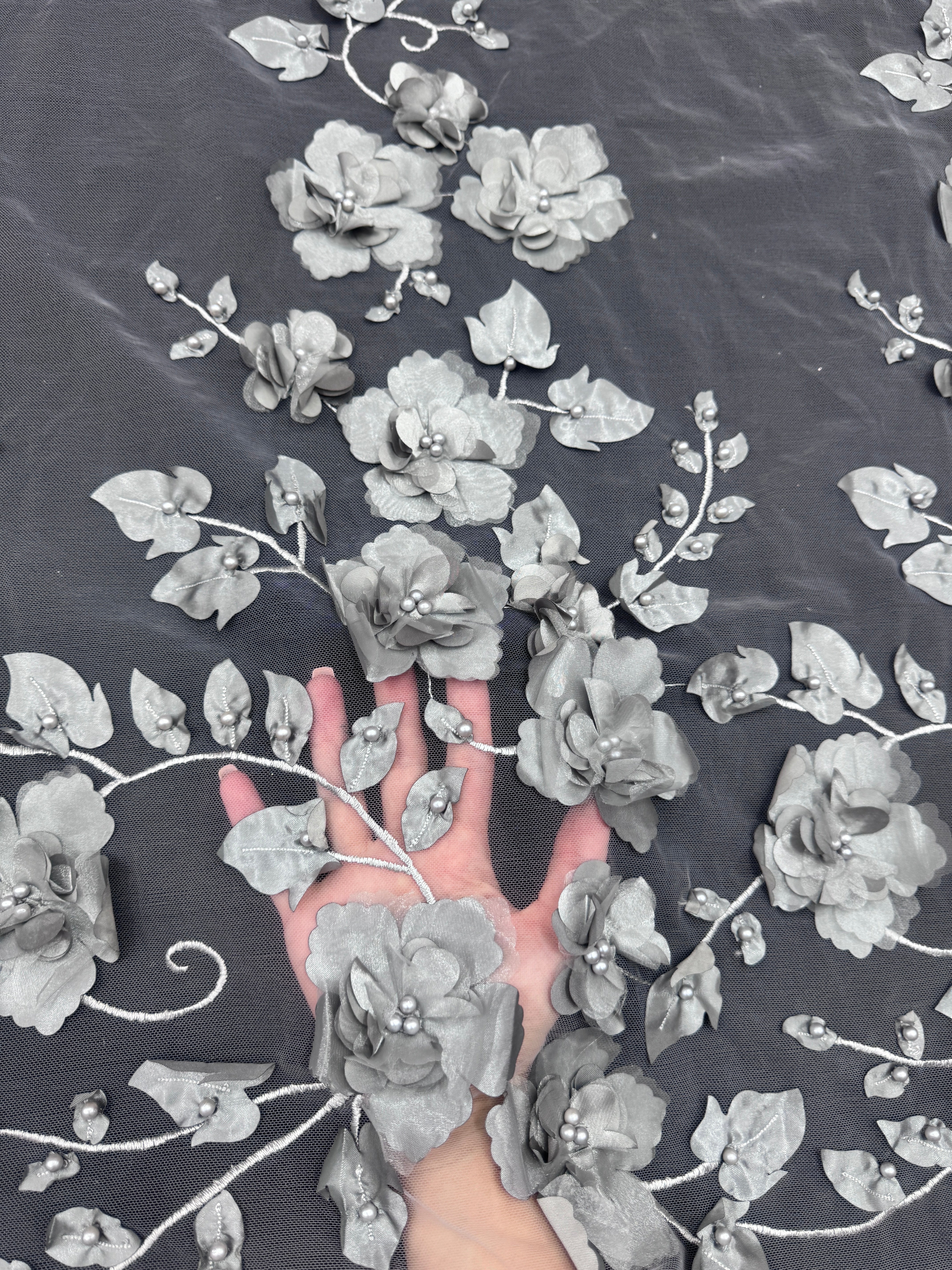 Silver 3D Flower Beaded Lace Mesh, Shop Fabrics Online, Sewing, Fabric Store, Sewing Store, Cheap Fabric Store, Kiki Textiles, Textile by the Yard