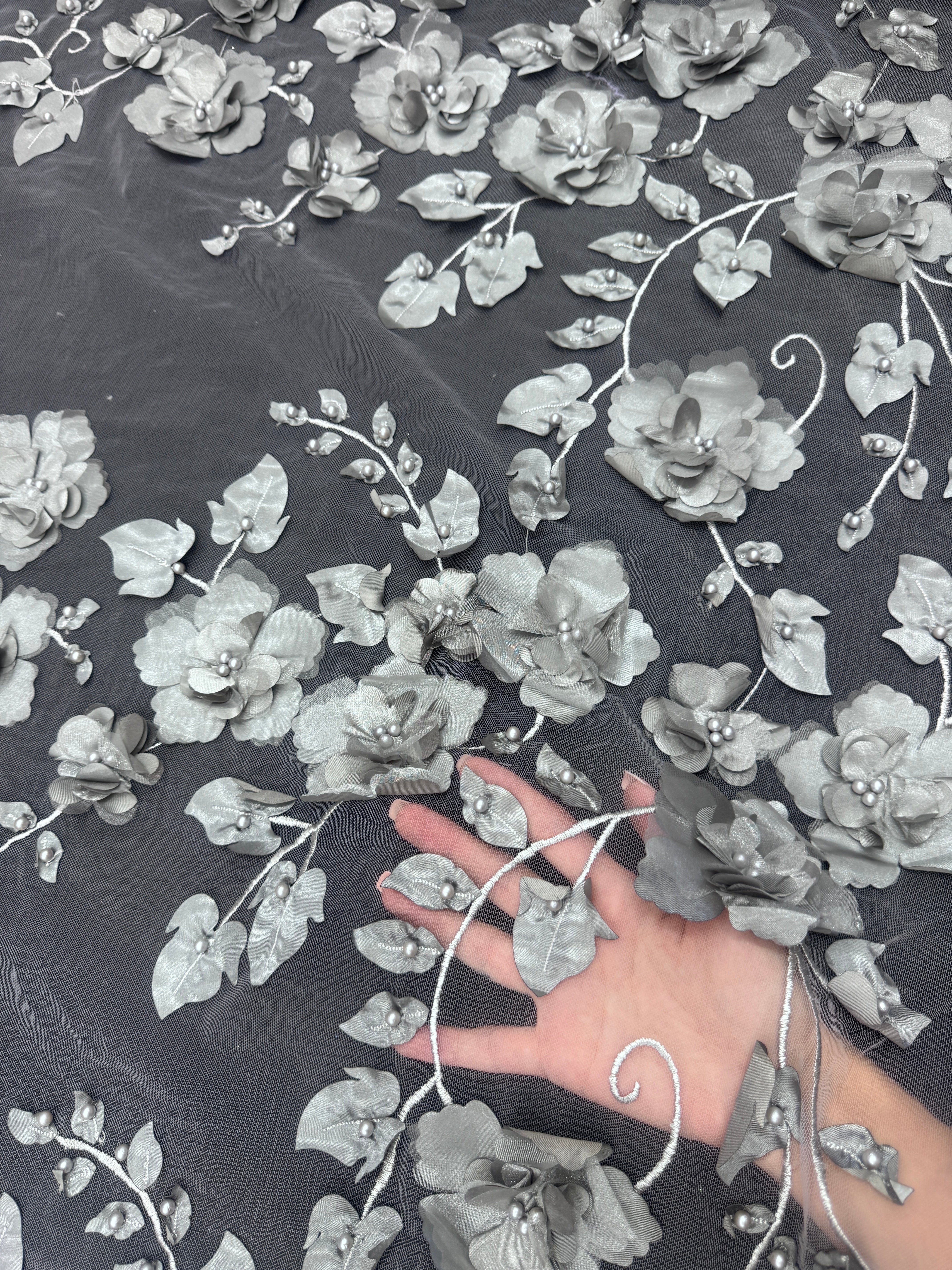 Silver 3D Flower Beaded Lace Mesh, Shop Fabrics Online, Sewing, Fabric Store, Sewing Store, Cheap Fabric Store, Kiki Textiles, Textile by the Yard