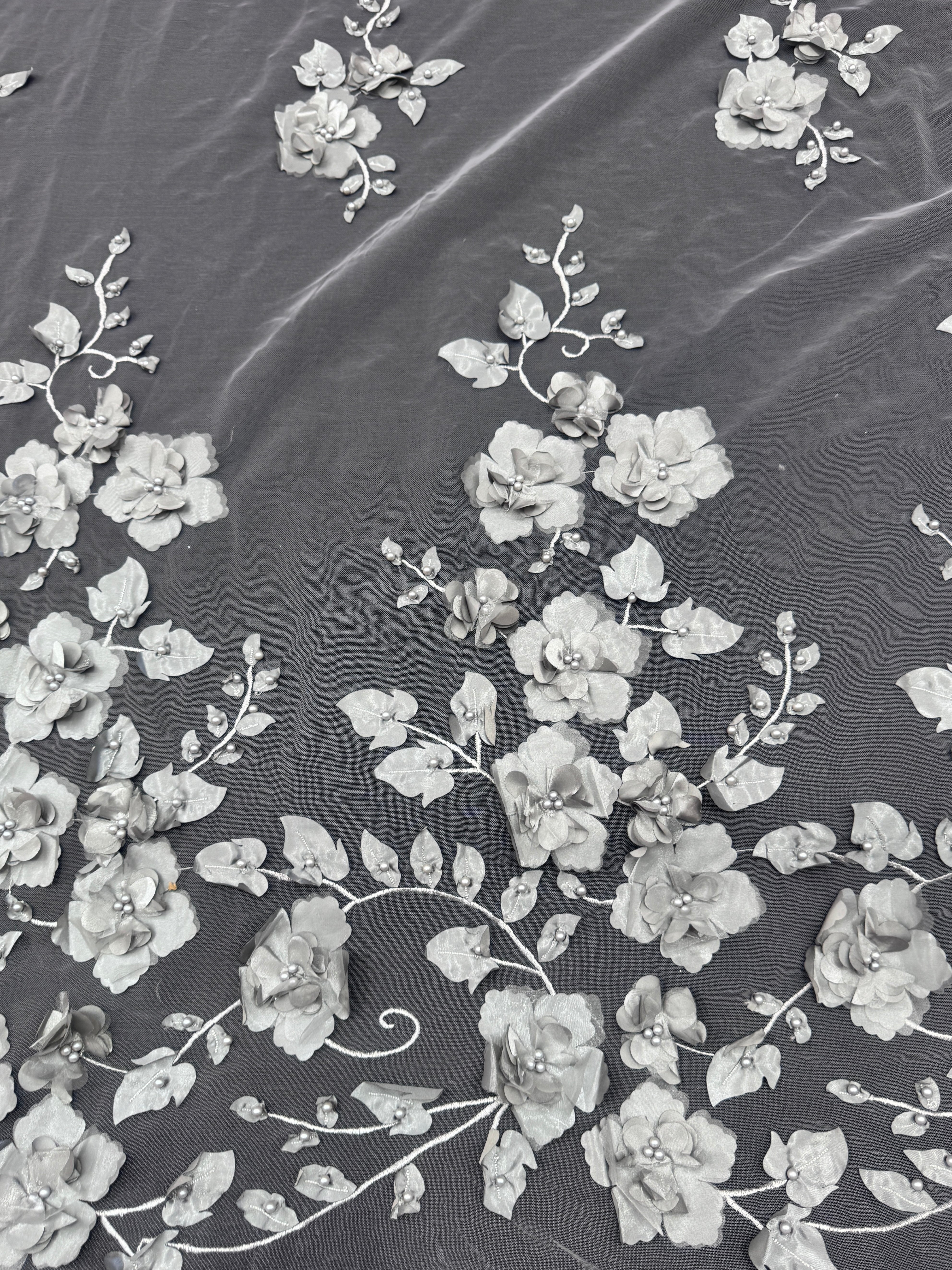 Silver 3D Flower Beaded Lace Mesh, Shop Fabrics Online, Sewing, Fabric Store, Sewing Store, Cheap Fabric Store, Kiki Textiles, Textile by the Yard