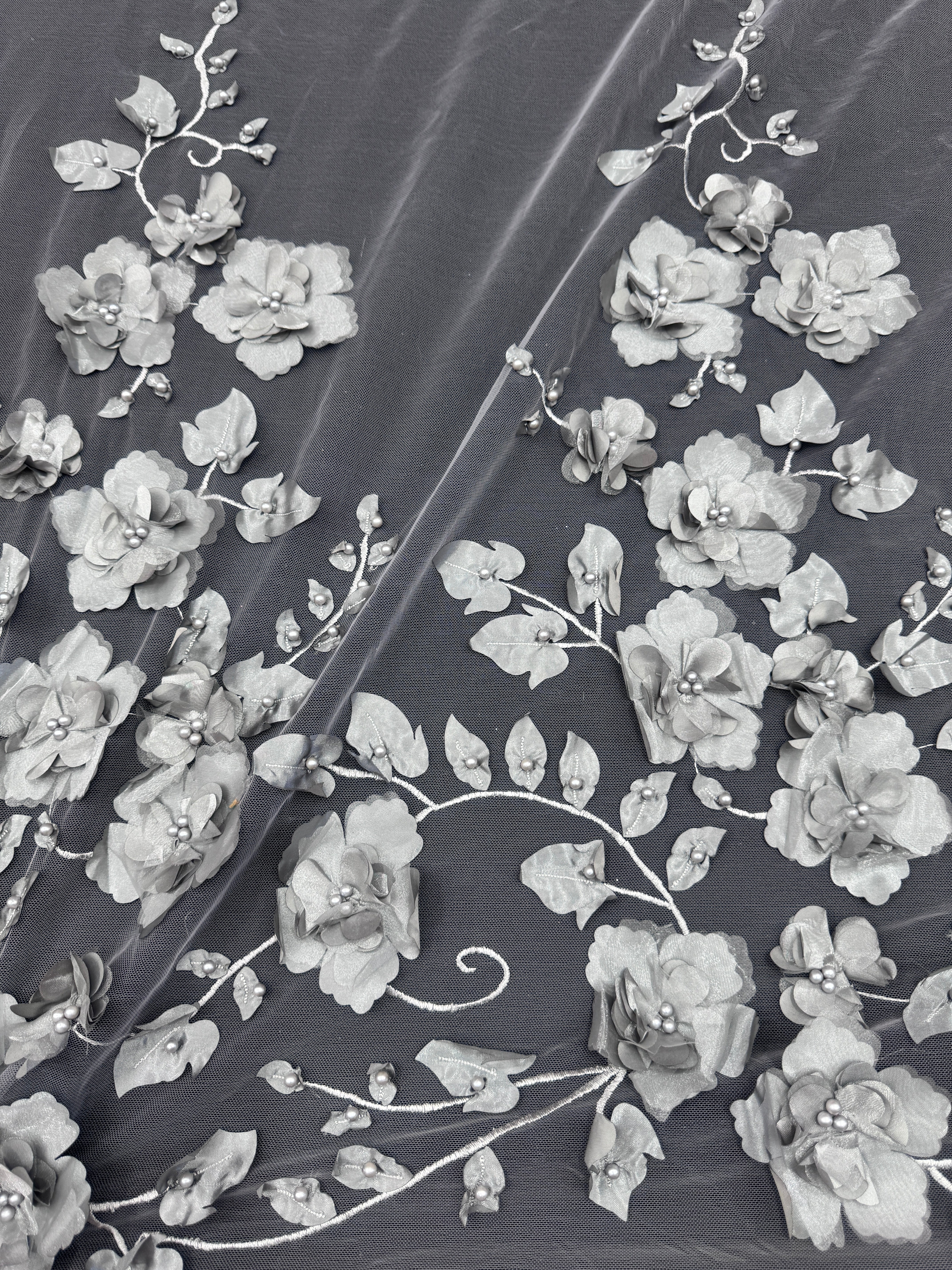 Silver 3D Flower Beaded Lace Mesh, Shop Fabrics Online, Sewing, Fabric Store, Sewing Store, Cheap Fabric Store, Kiki Textiles, Textile by the Yard