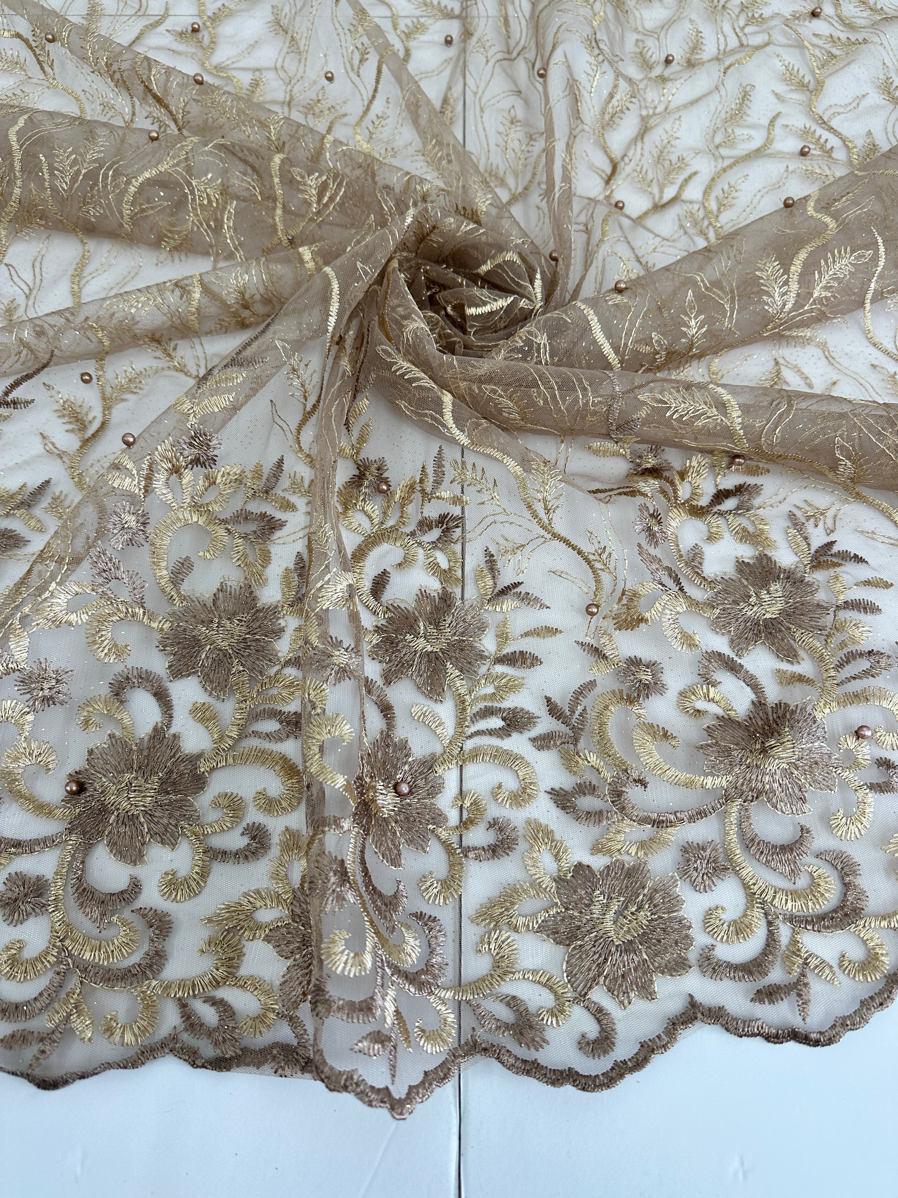 Gold-Khaki Embroidered Glitter Floral Scalloped Lace, Shop Fabrics Online, Sewing, Fabric Store, Sewing Store, Cheap Fabric Store, Kiki Textiles, Textile by the Yard